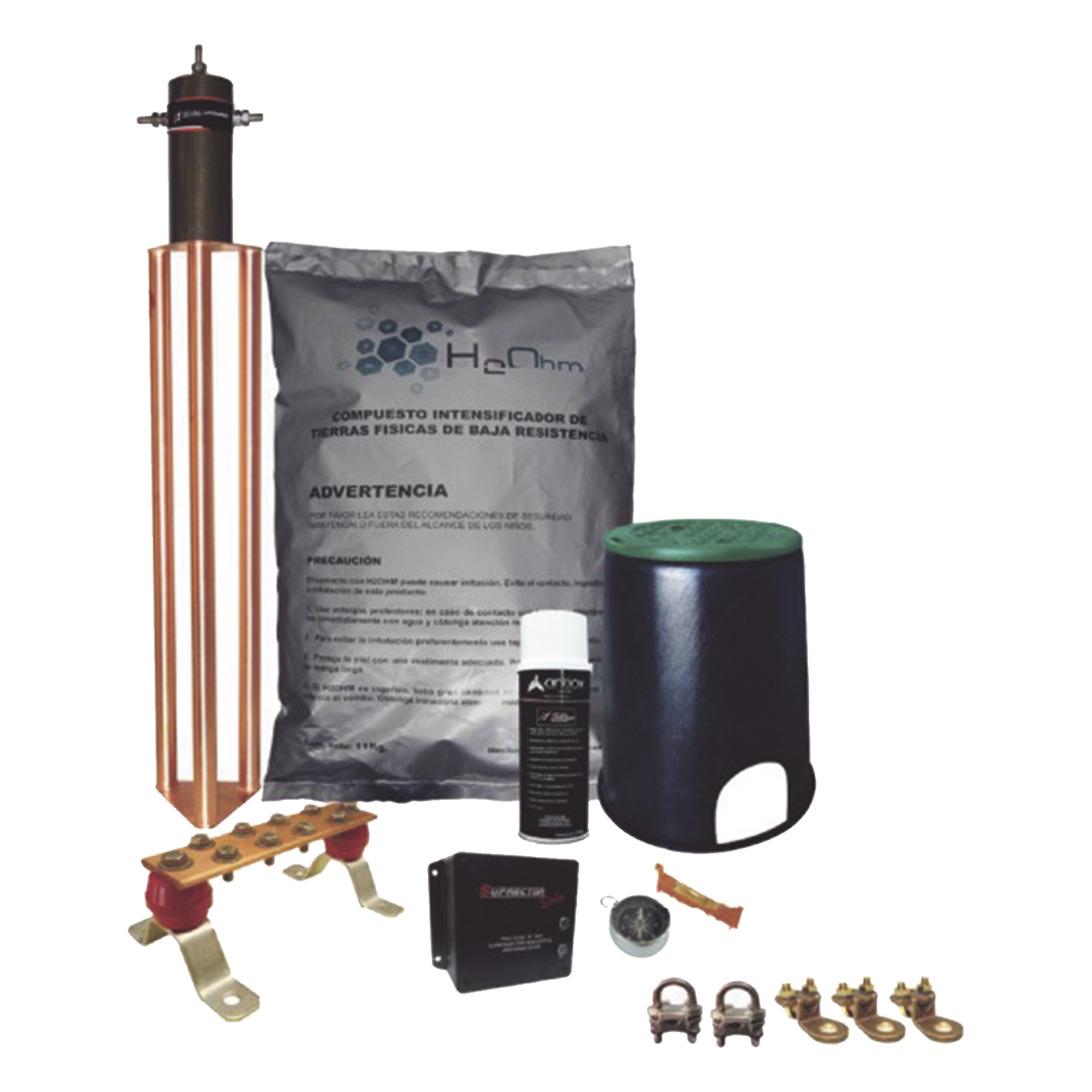 Kit de Tierra Física con Electrodo Magnetoactivo de 45 AMP Y Supresor de Picos SOHO — TOTAL GROUND · SKU KITMASTERTG-CONMV2