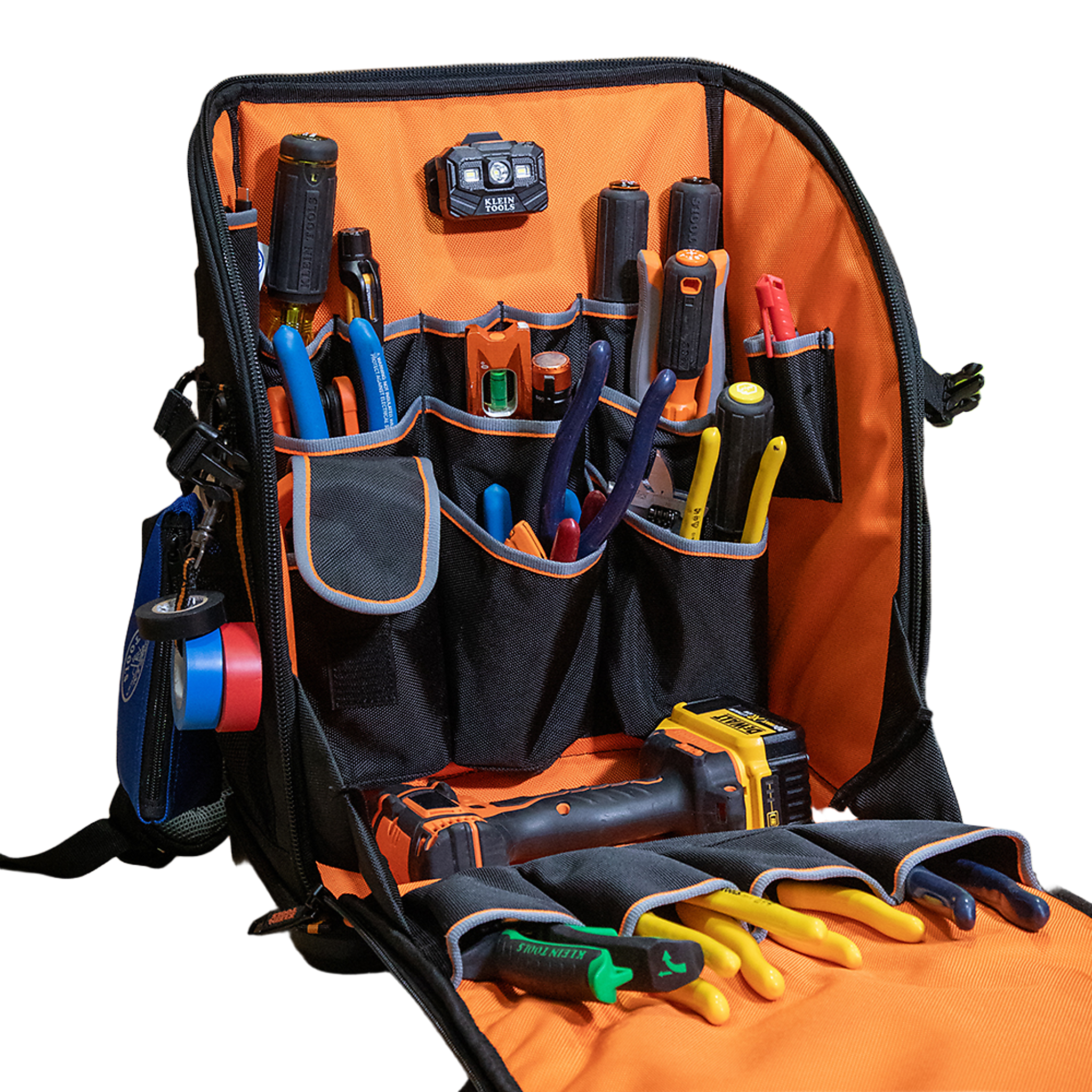 Mochila Profesional para Herramientas / 27 Bolsillos / Acceso Rápido y Estación de Trabajo / Base Moldeada Ancha / Interior Naranja / USB-C / Soporte para Lámpara
