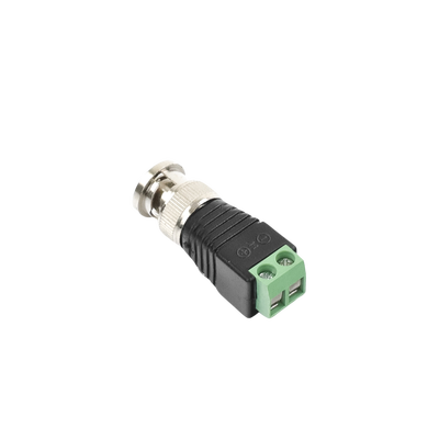 Adaptador de conector BNC macho a 2 terminales-tornillo para cables AWG-26-14, en aplicaciones Video Vigilancia, Níquel/ Oro/ PTFE y PVC.