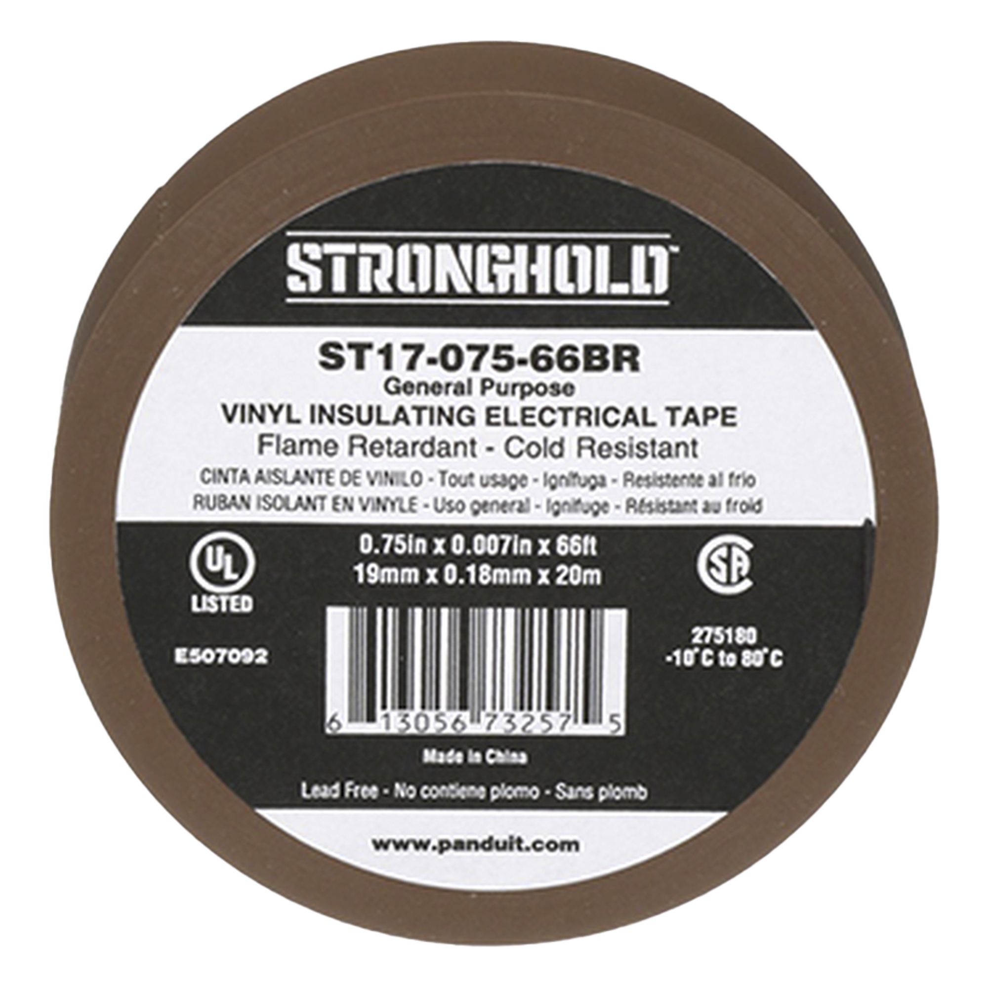 Cinta Eléctrica STRONGHOLD para Aislar, de PVC, Uso General Reparación y Mantenimiento, Grosor de 0.18mm (7 mil), Ancho de 19mm, y 20.12m de Largo, Color Café — PANDUIT · SKU ST17-075-66BR