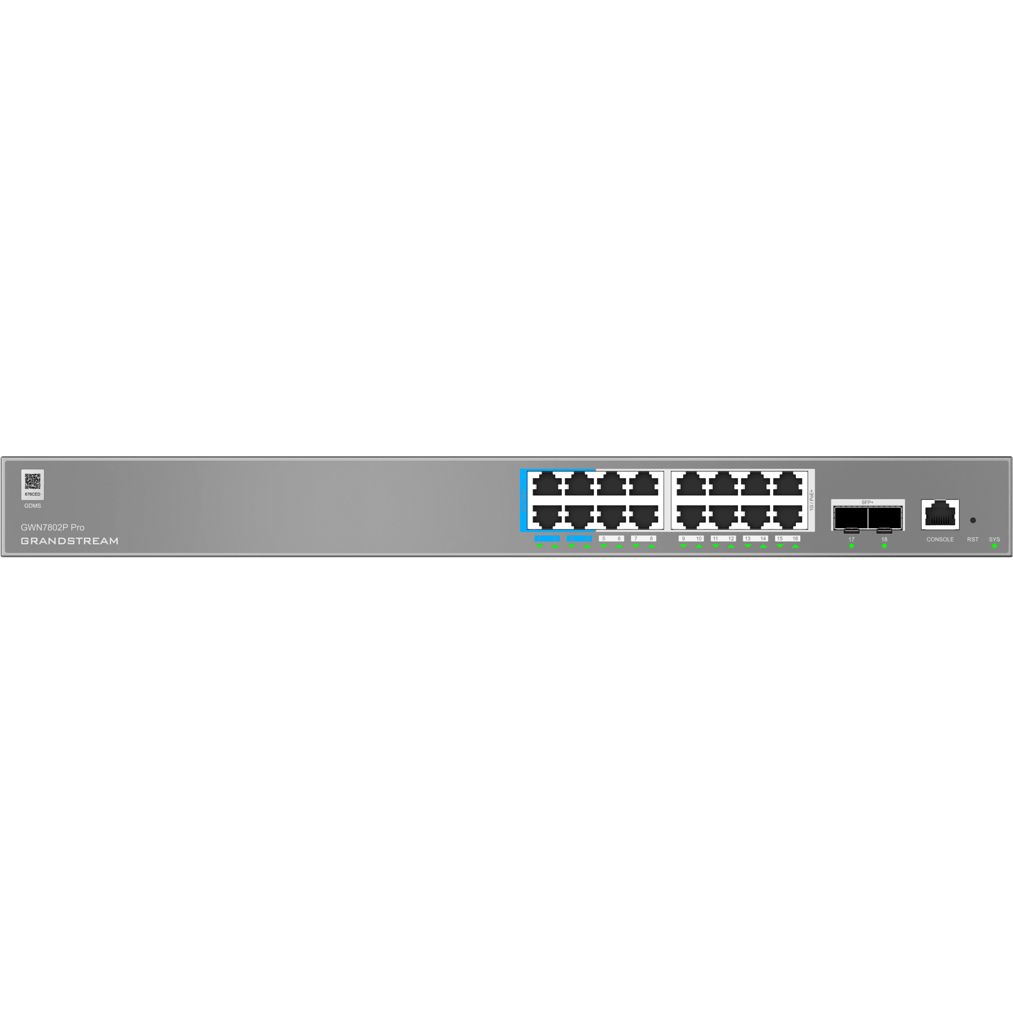 Switch de Red Empresarial L2++ / Serie GWN7800 Pro / 16 Puertos Gigabit PoE 250W / 2 Puertos SFP+ / Gestión Cloud GDMS / VLAN 4K / QoS Avanzado / Seguridad Integral