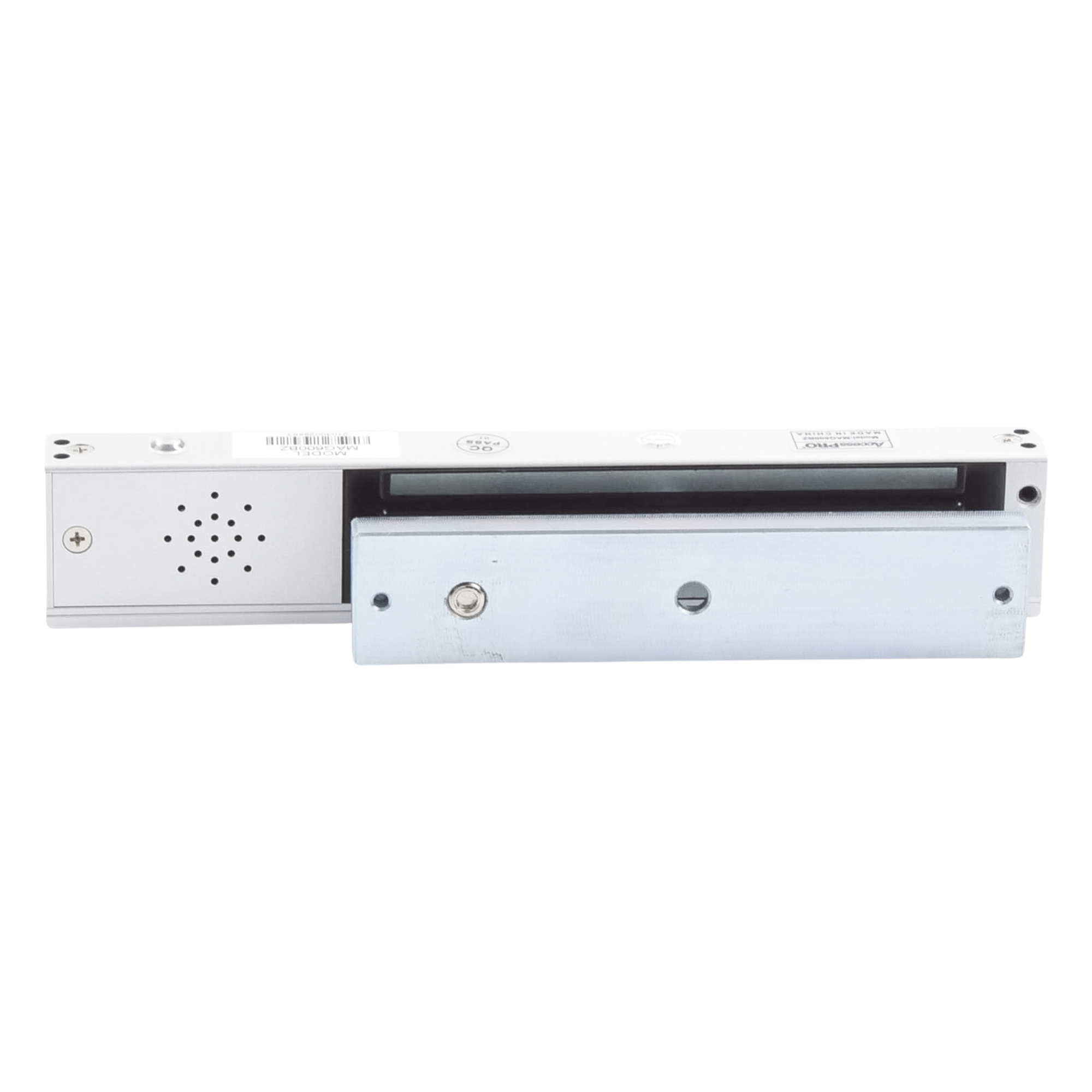 Chapa magnética 600Lb con  Buzzer de alarma de puerta mantenida abierta / LED indicador de estado /  Sensor de estado de placa/ Libre de Magnetismo Residual — ACCESSPRO · SKU MAG600BZ