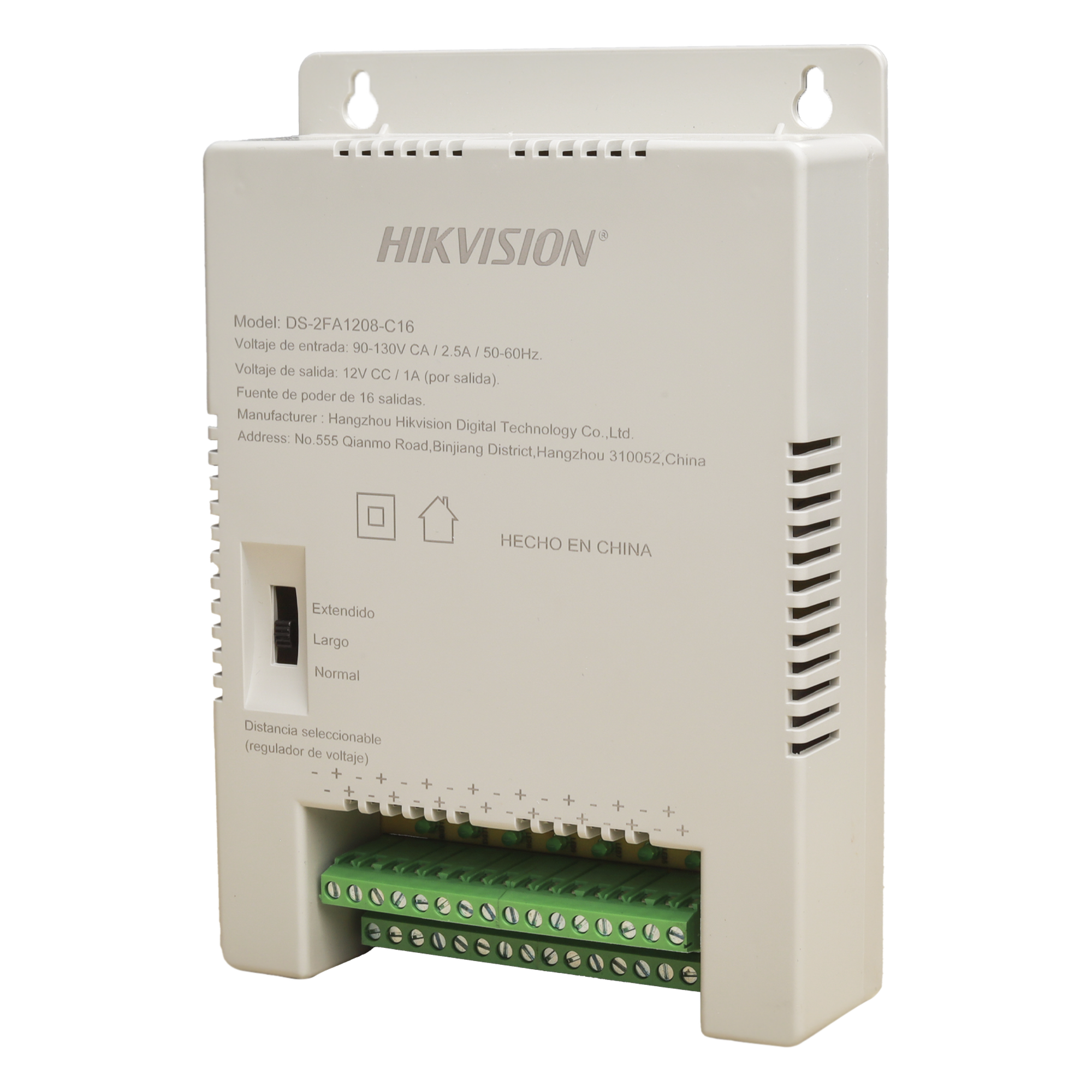 Fuente de Poder Regulada 12 Vcc / 13.5 Vcc / 15 Vcc para 16 Cámaras / 16 Amp (1 Amp por Salida) / Voltaje de Entrada 90 - 130 VCA / Soporta 4K / Modo para Largas Distancias — HIKVISION · SKU DS-2FA1208-C16/K