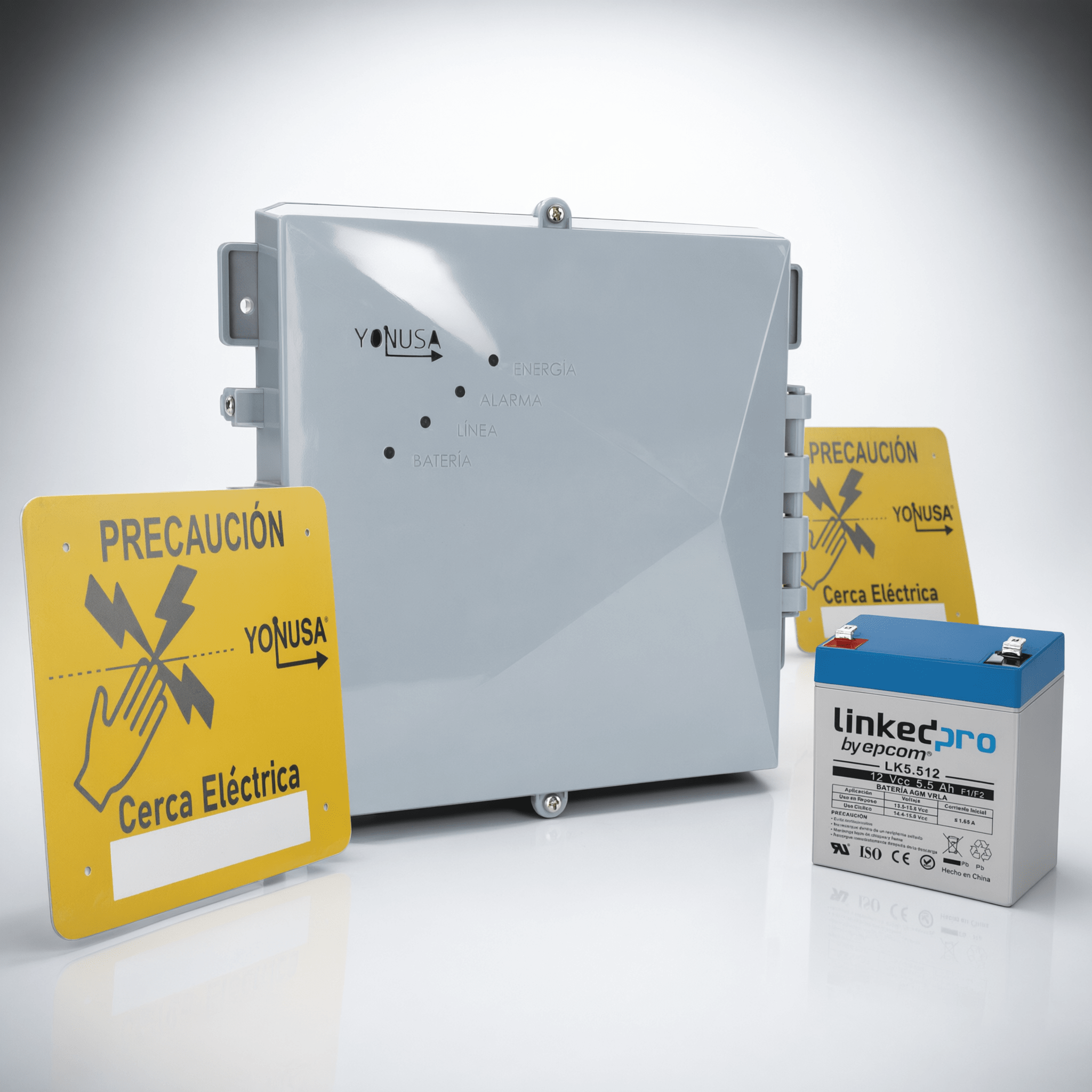 Energizador Perimetral / 12,000 V / 1 Joule / 2,500 m (8,202 ft) / Respaldo 3 Días / Solar 12V — YONUSA · SKU SYSNGV2-KIT