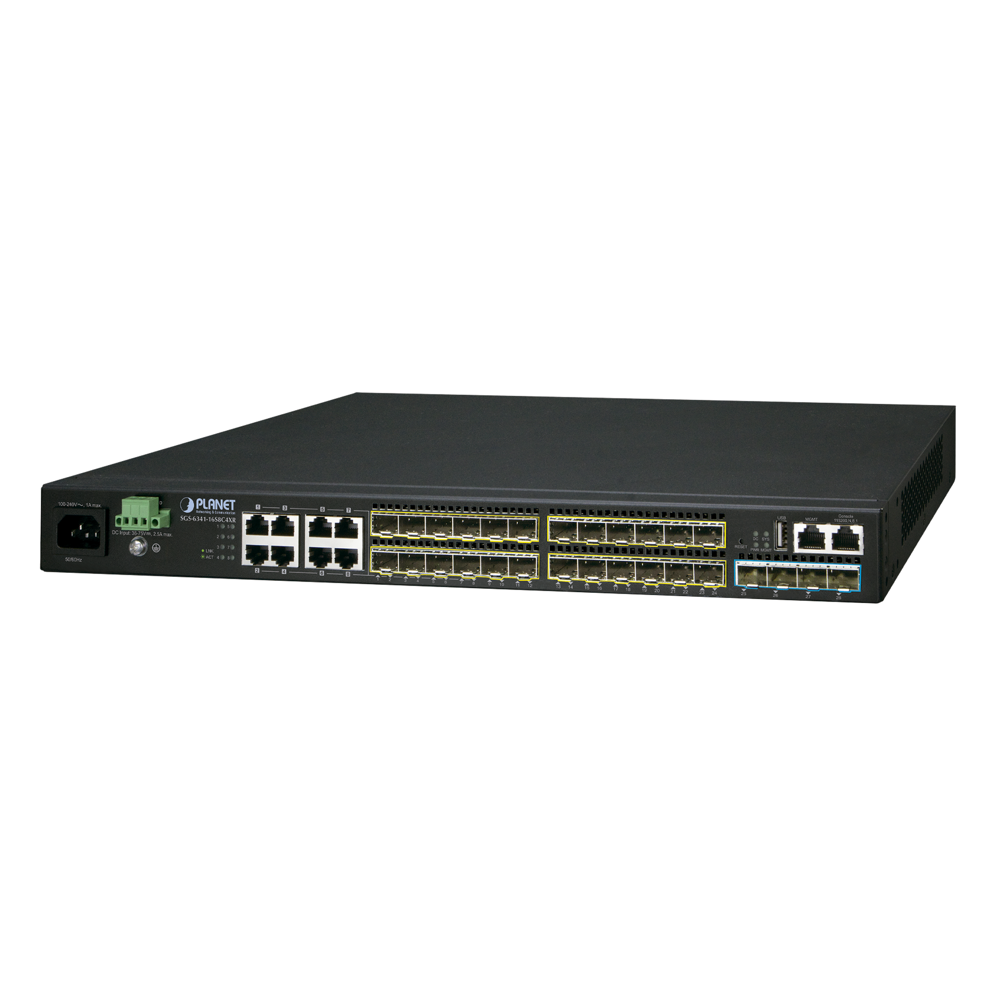Switch Administrable L3 16-Puertos 100/1000X SFP, 8-Puertos Gigabit TP/SFP, 4-Puertos 10G SFP+ Stackable — PLANET · SKU SGS-6341-16S8C4XR