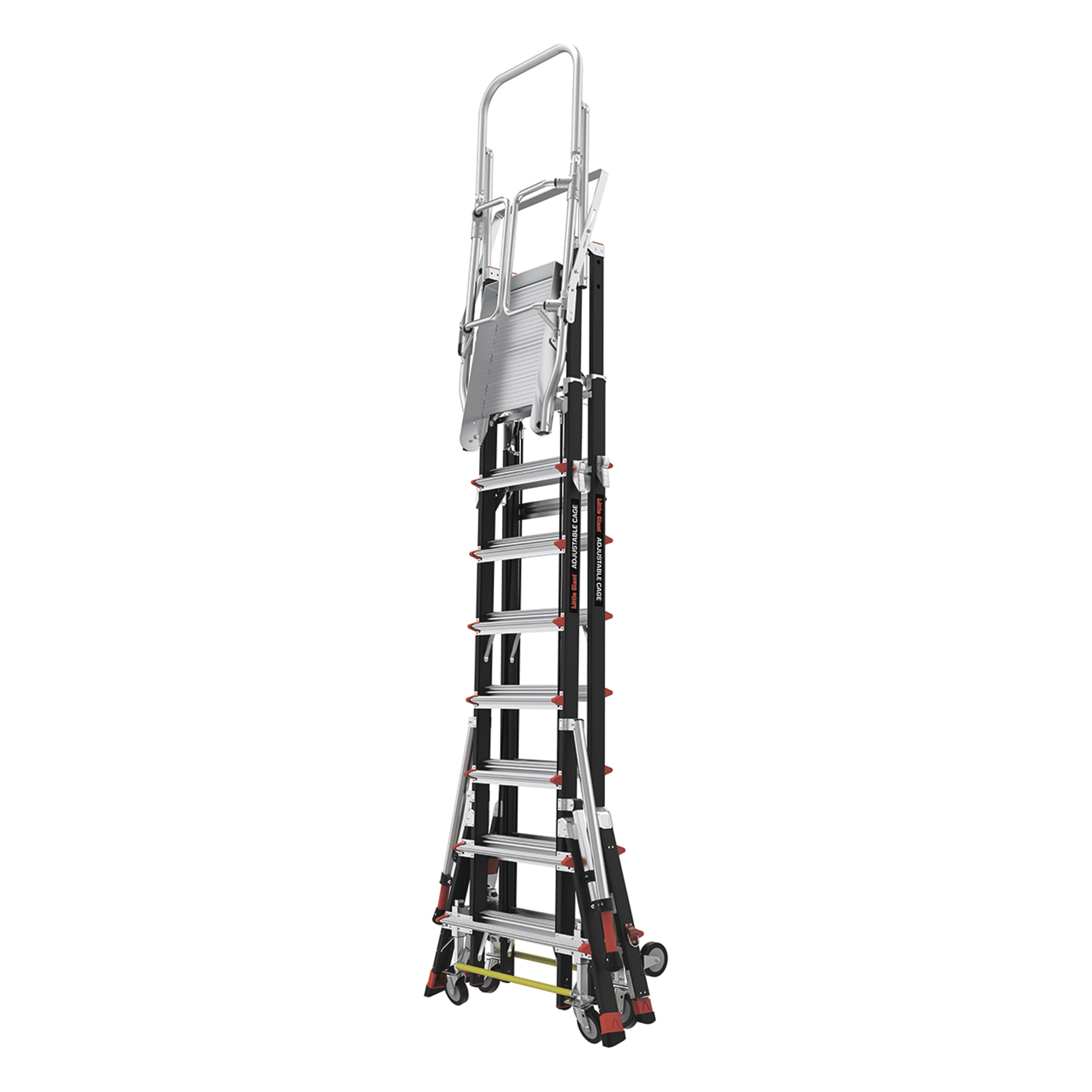 Escalera de Fibra de Vidrio con Jaula de 8'-14' (2.44 - 4.27 m). Con Ajuste en Ruedas (RATCHET™ Leveler) (SKU:18515-817).