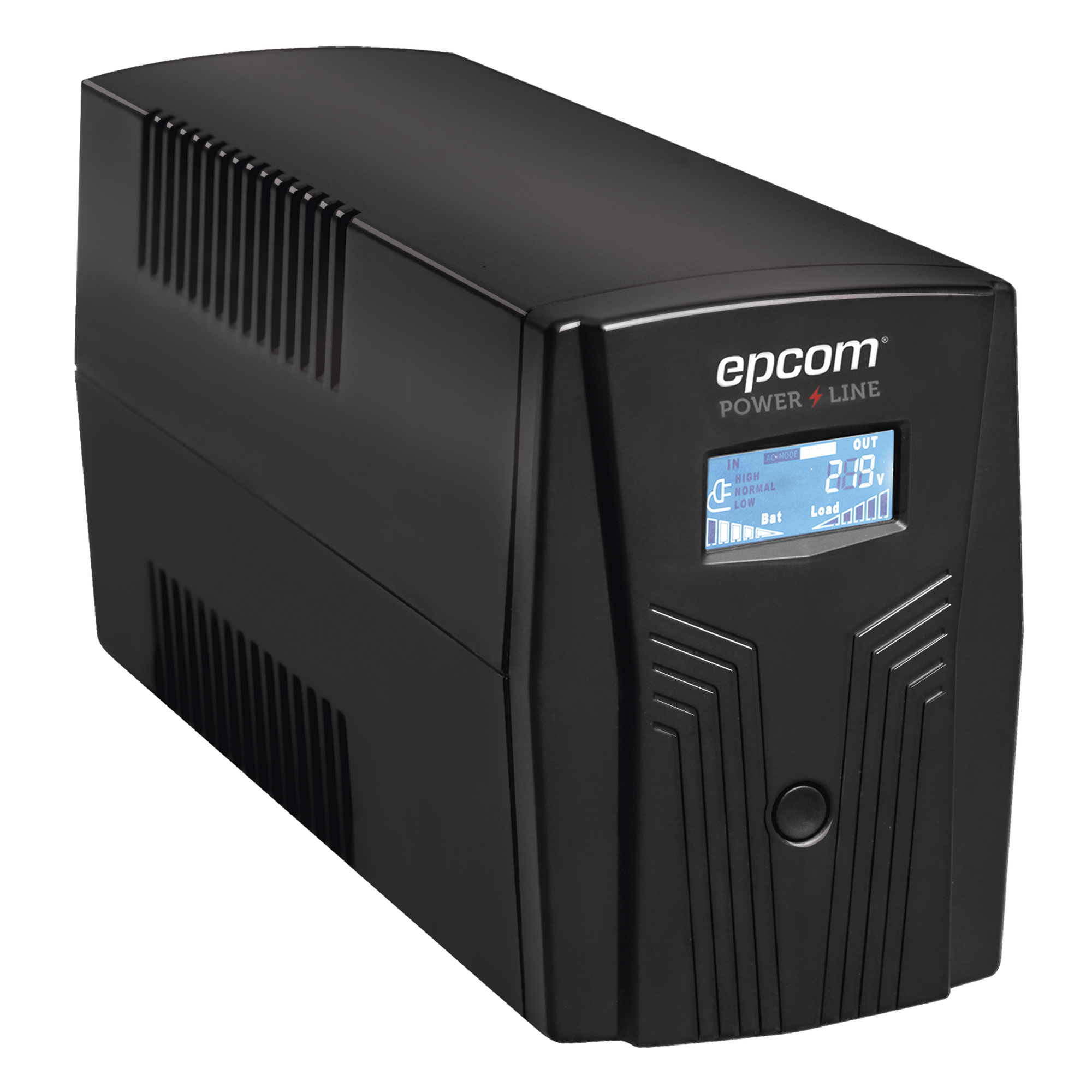 UPS Con Más Potencia de 600VA / 360 W Con Display LCD y Regulador de Voltaje AVR, 4 Contactos NEMA 5-15R, Batería 7 Ah y Puertos RJ45 y USB — EPCOM POWERLINE · SKU EPU500LCD
