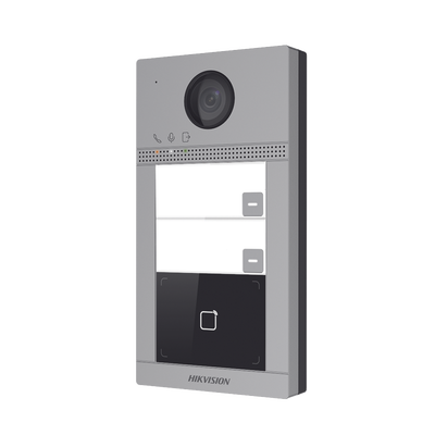 Videoportero IP 2 Megapixel / Llamada y Apertura Remota desde App Hik-Connect (requiere monitor) / PoE / Exterior IP65 + Antivandalico IK08 / 2 Departamentos / Apertura con Tarjeta / Soporta 2 Puertas y hasta 6 Monitores