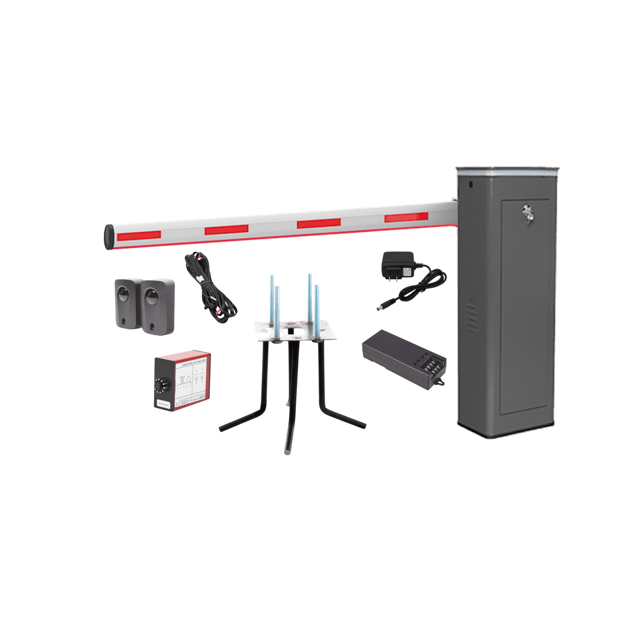 Kit COMPLETO Barrera Izquierda XBF Con Corona LED / Brazo Iluminado de 3M / Incluye Sensor de Masa, Transformador, Lazo Magnético, Ancla, Fotoceldas y 2 Controles Inalámbricos — ACCESSPRO · SKU KIT-XBF-3L-LED