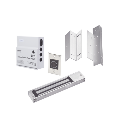 Kit para control de acceso incluye Fuente de 12VCD con respaldo de batería/ Chapa magnética de 600Lbs / Montajes L y Z / Botón de salida  — ACCESSPRO · SKU KITMAG12V