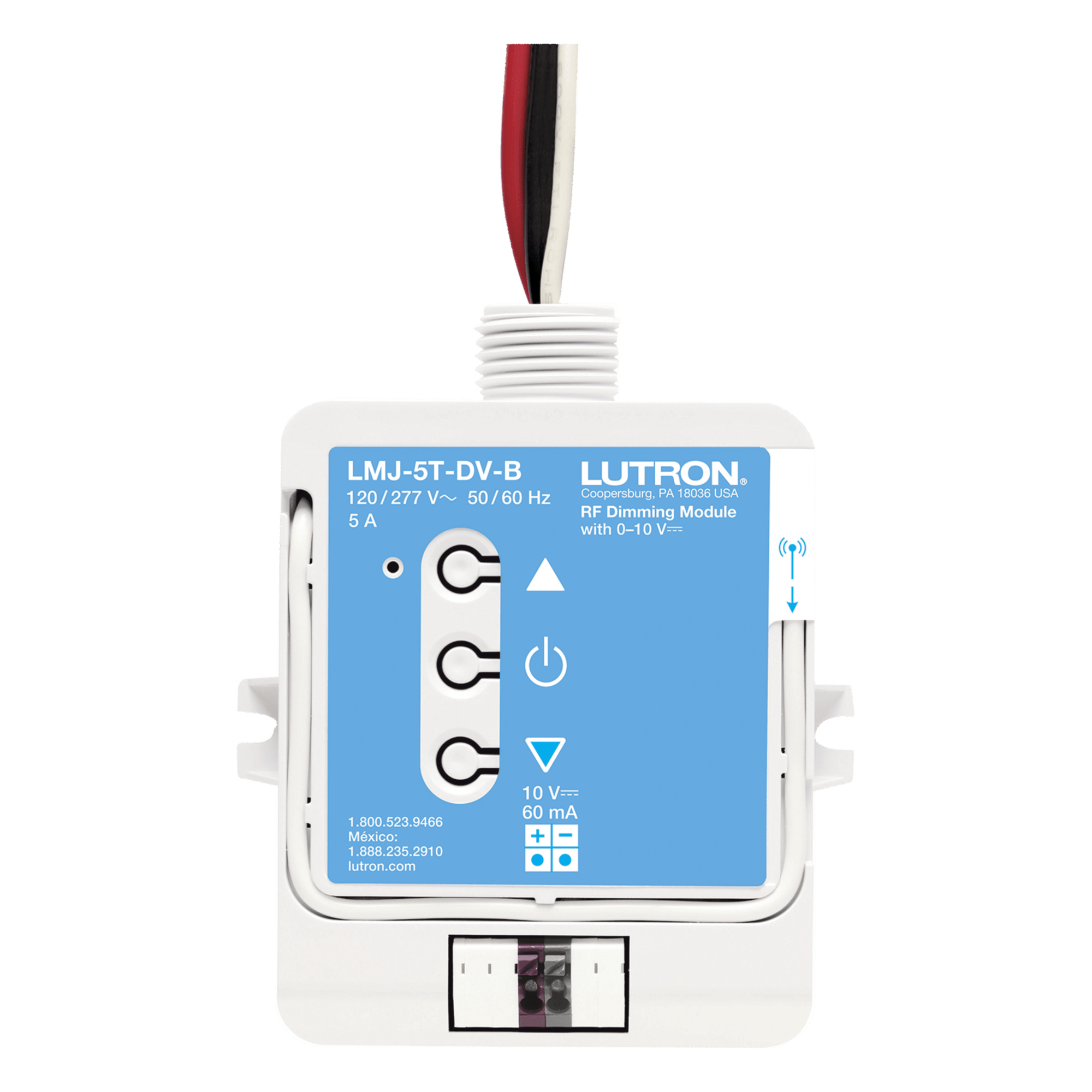 Módulo de atenuación RF con control 0-10 V para balastros fluorescentes y drivers LED, conmuta hasta 5 A a 120/277 V, para sistemas RadioRA 2 y HomeWorks QS — LUTRON ELECTRONICS · SKU LMJ5TDVB