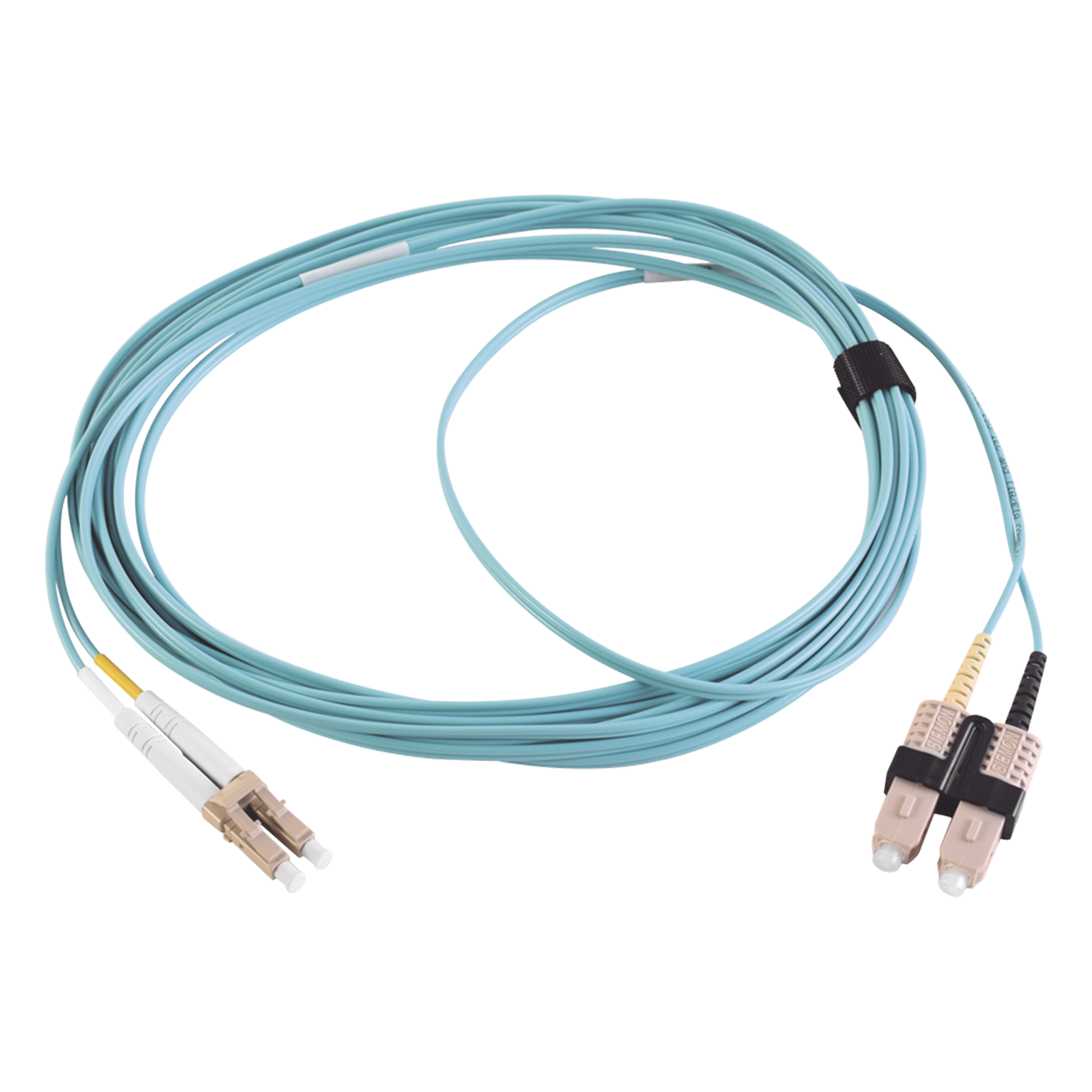 Jumper de Fibra Óptica Multimodo 50/125 XGLO OM3, LC-SC Duplex, OFNR, Color Aqua, 5 Metros (16.40 Pies) — SIEMON · SKU FJ2-LCSC5L-05AQ