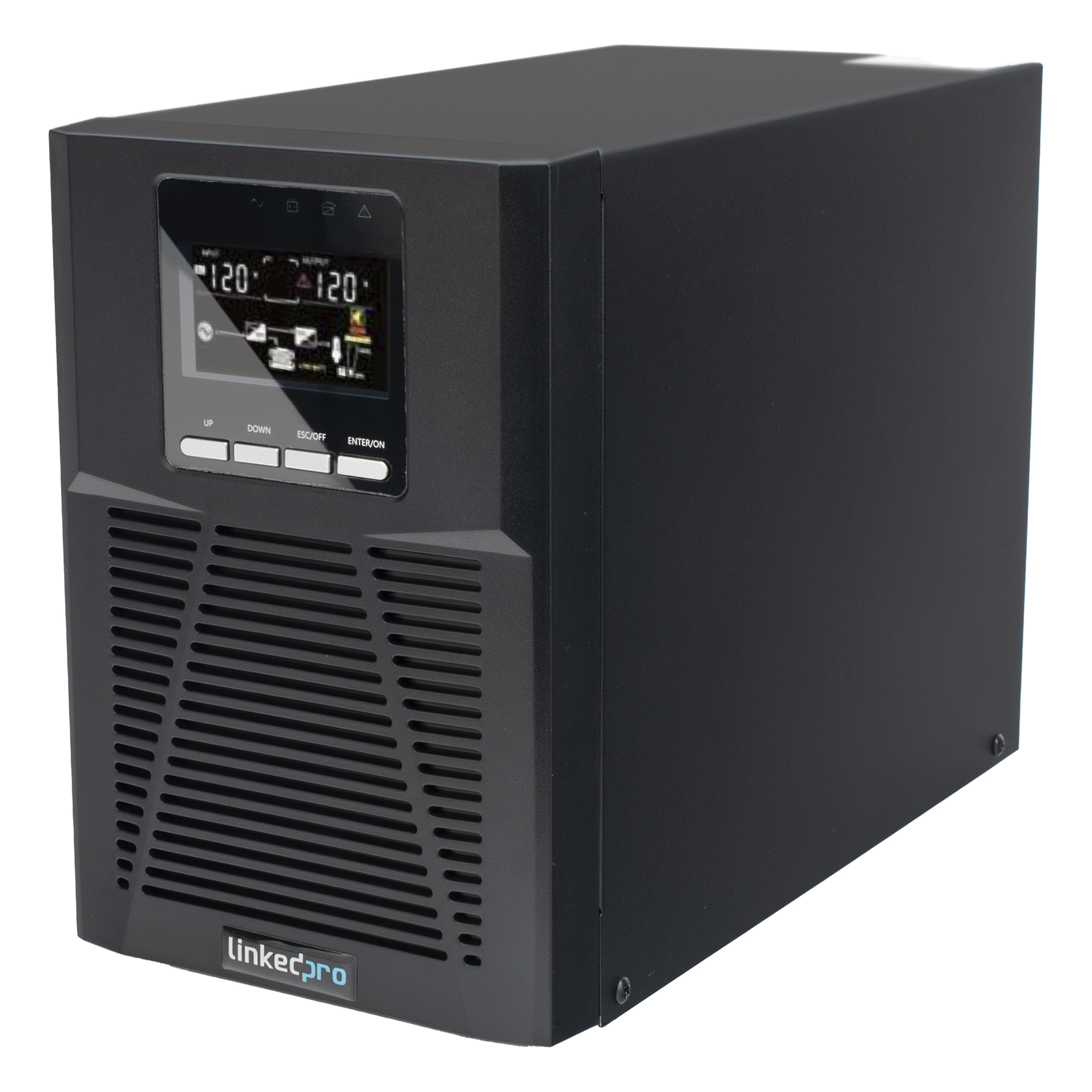 UPS 1000VA/900W Online Doble Conversión /Pantalla LCD / 3 tomas 5-15R / Regulación de Voltaje / Protección RJ45 — LINKEDPRO BY EPCOM · SKU LP1KOLT