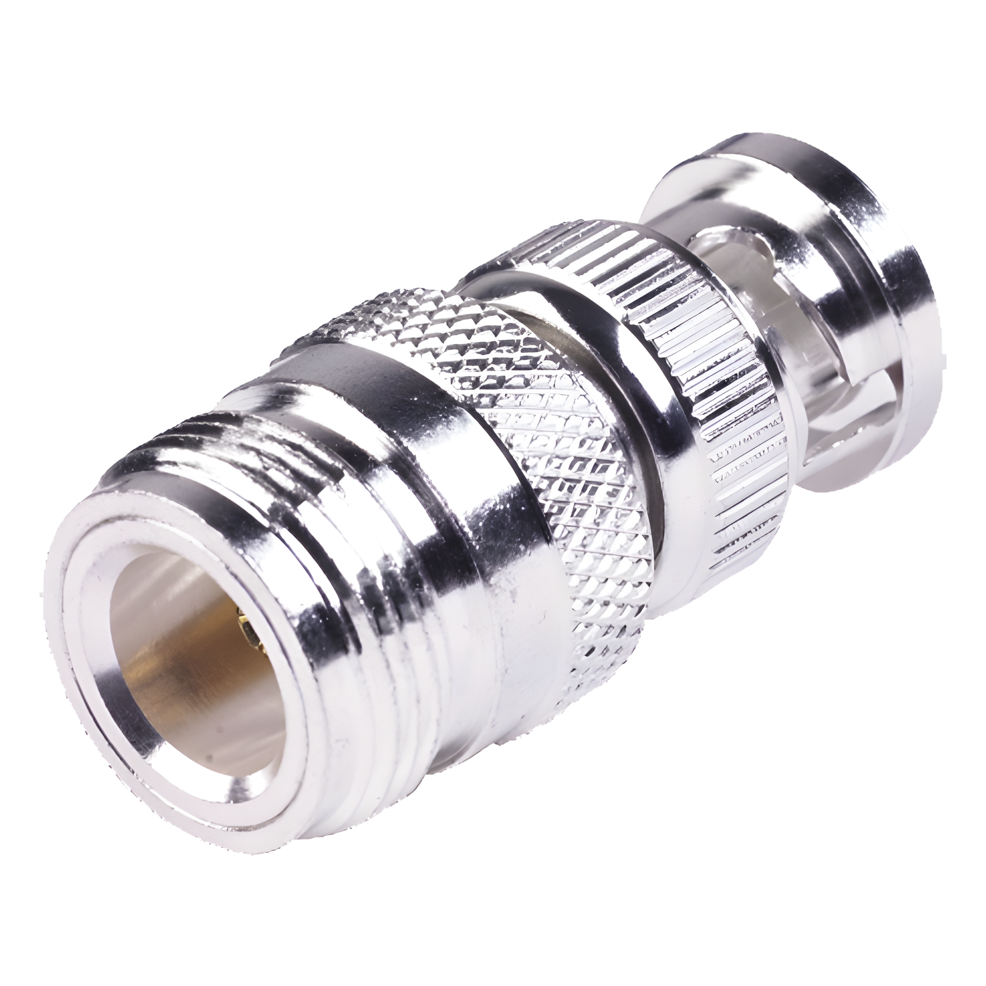 Adaptador en Linea para 50 Ohm, de Conector N Hembra a BNC Macho, Plata /Oro /Teflón. — RF INDUSTRIES,LTD · SKU RFN-1038-1