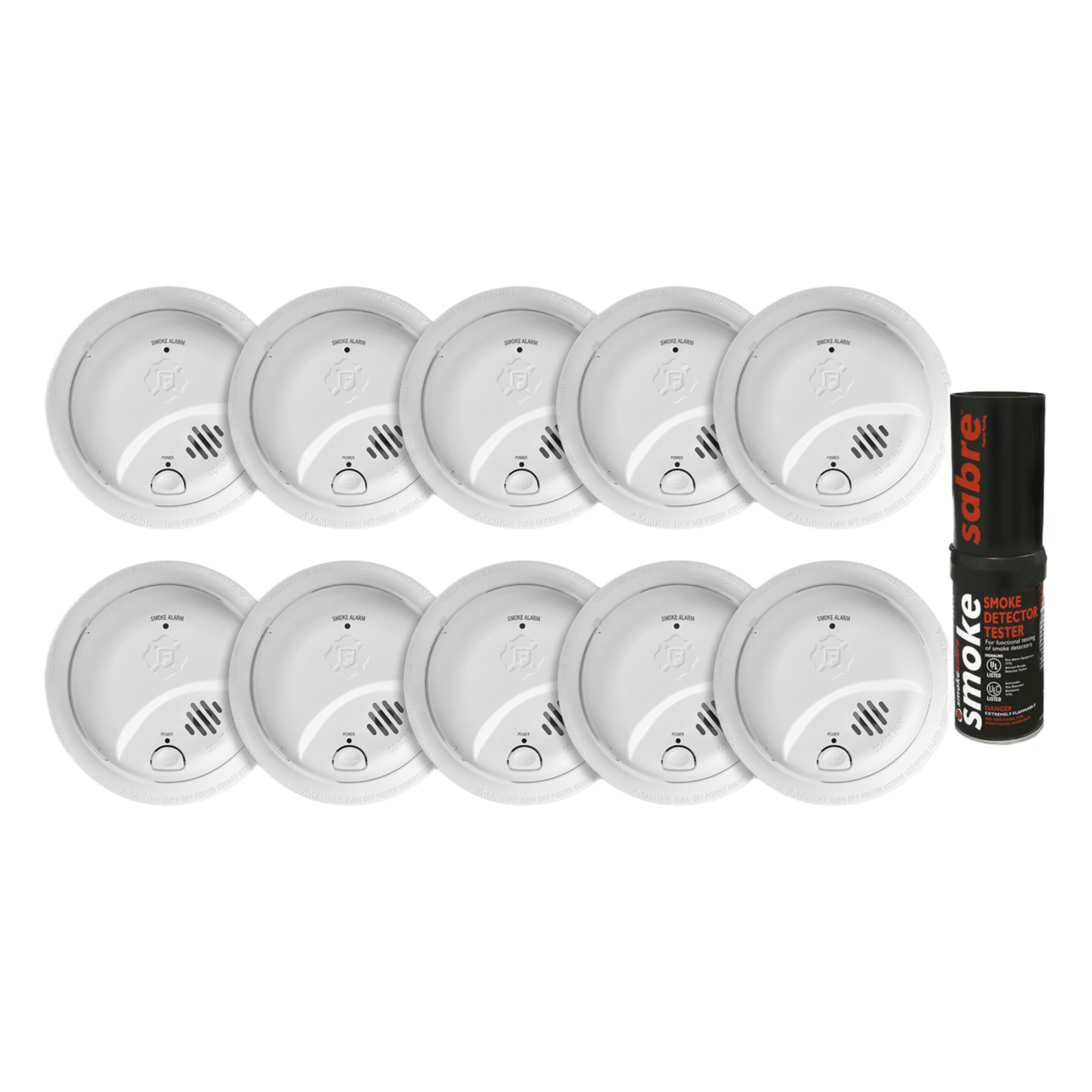 Kit de 10 Detectores de Humo Autónomos FIRST ALERT por Ionización / Alarma 85 dB / Botón Prueba y Silencio / Probador SABRE SDI · SKU 1046832KSABRE