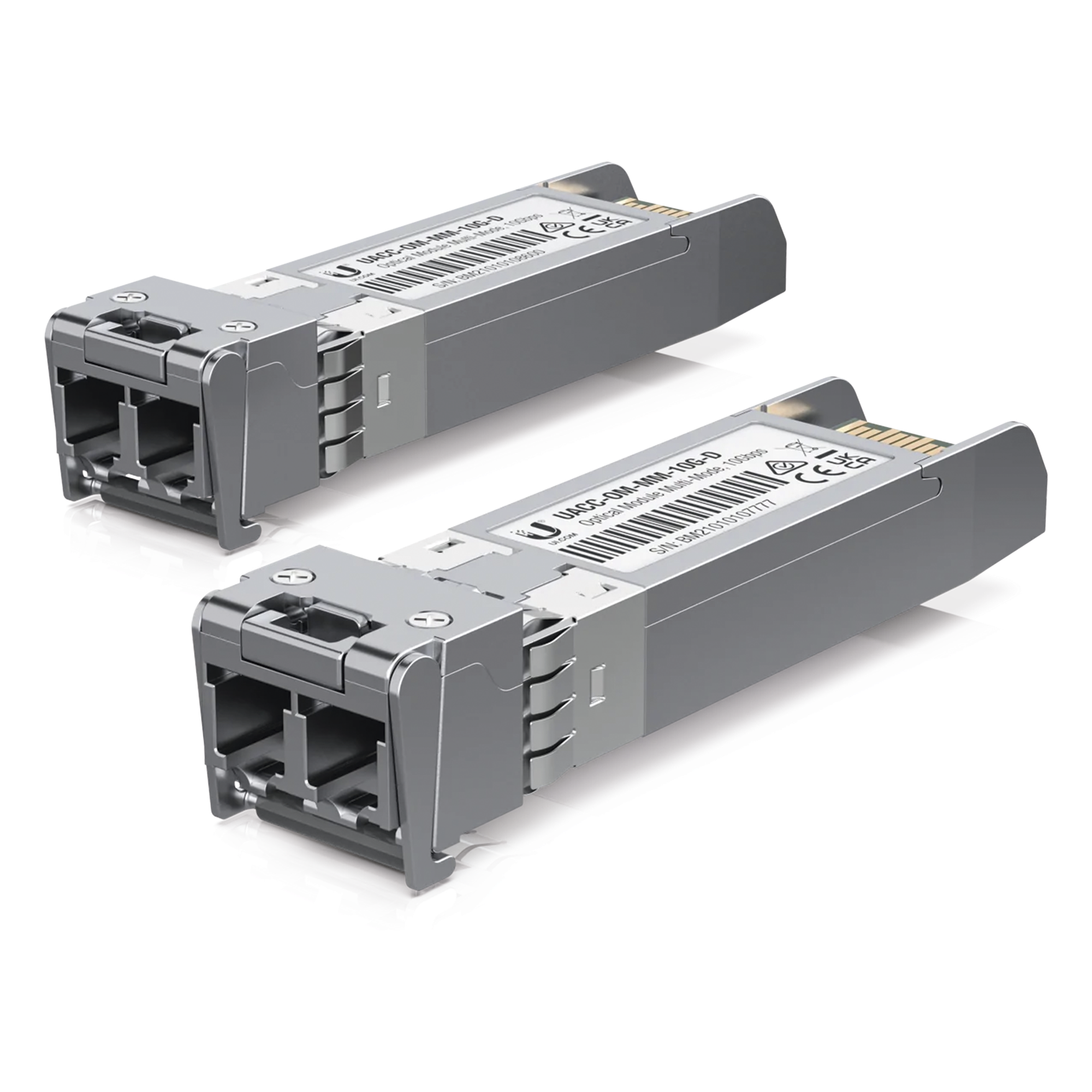 Módulo SFP+ / 10 Gbps / Multimodo / Alcance 300 m (984.3 ft) / LC Dúplex / 850 nm / Paquete de 2 — UBIQUITI · SKU UACC-OM-MM-10G-D-2