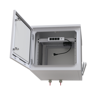 Gabinete PROFUNDO hasta 705 mm de profundidad, de Exterior de 9UR con Ventiladores y Termostato, Se envía el Gabinete Armado, (Montaje a poste o torre se vende por separado).