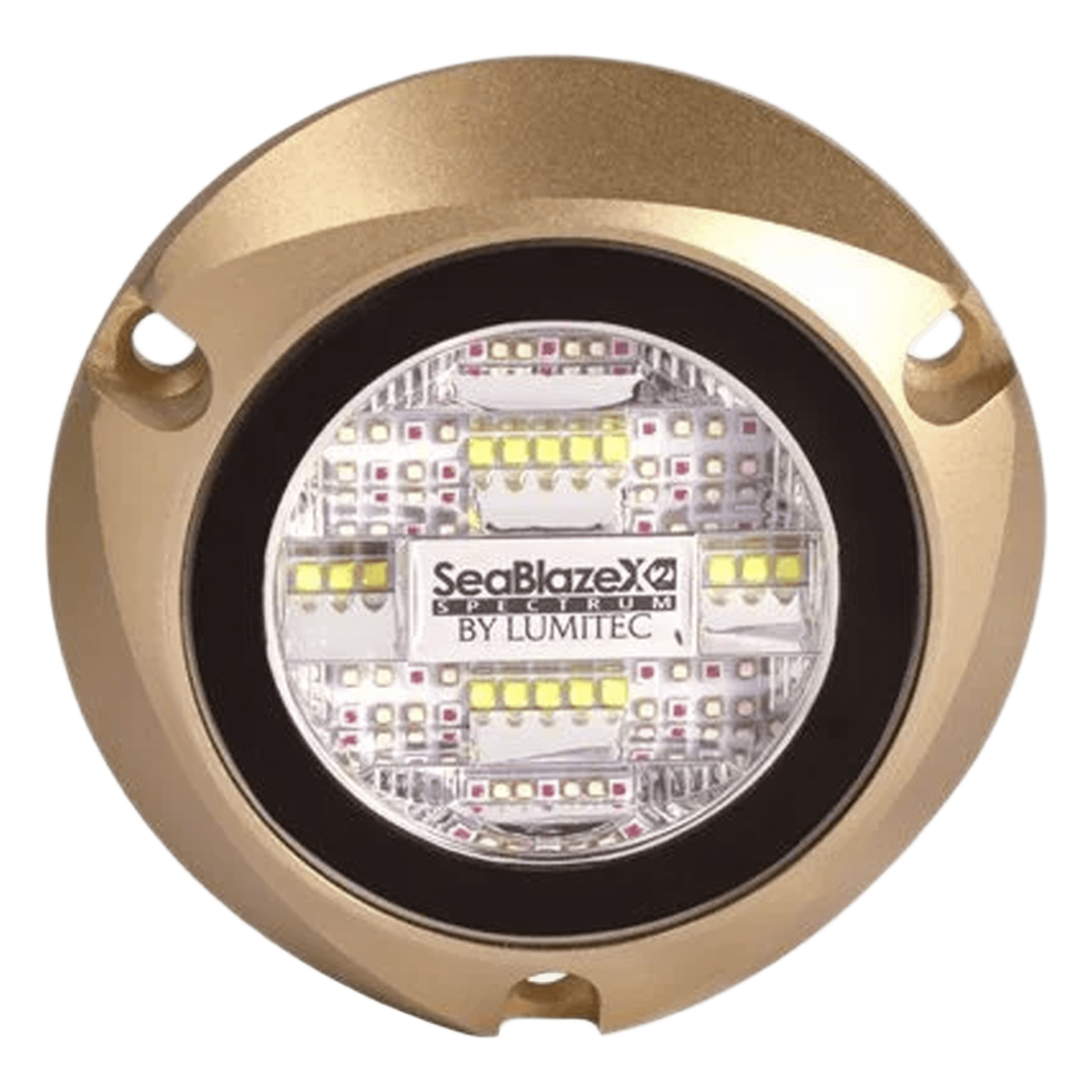 Luz led marina sumergible SeaBlaze X2, emite luz de color blanco y azul de 6000 lúmenes, fabricada en bronce naval con grado de protección IP68. — LUMITEC · SKU 101516