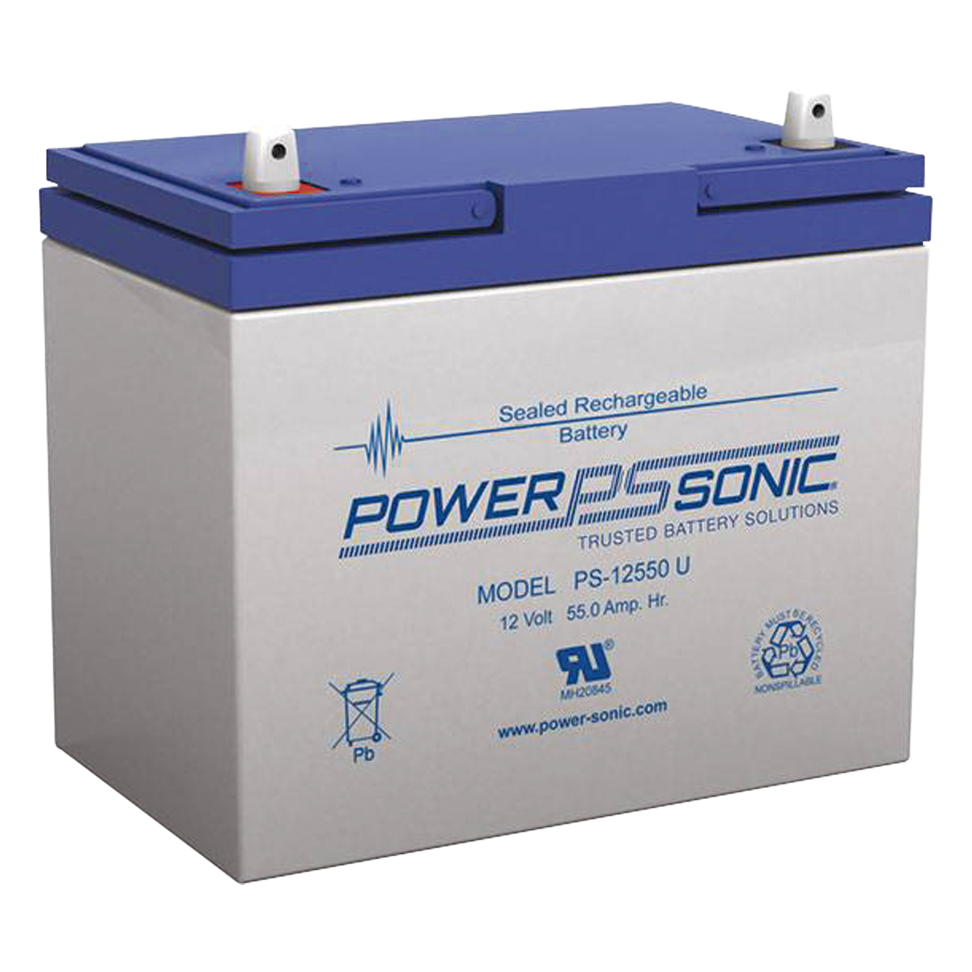 Batería 12V, 55AH, Para Respaldo, Tecnologías AGM/VRLA, 5 Años Vida Útil, Terminales U, Reconocida UL — POWER SONIC · SKU PS-12550U
