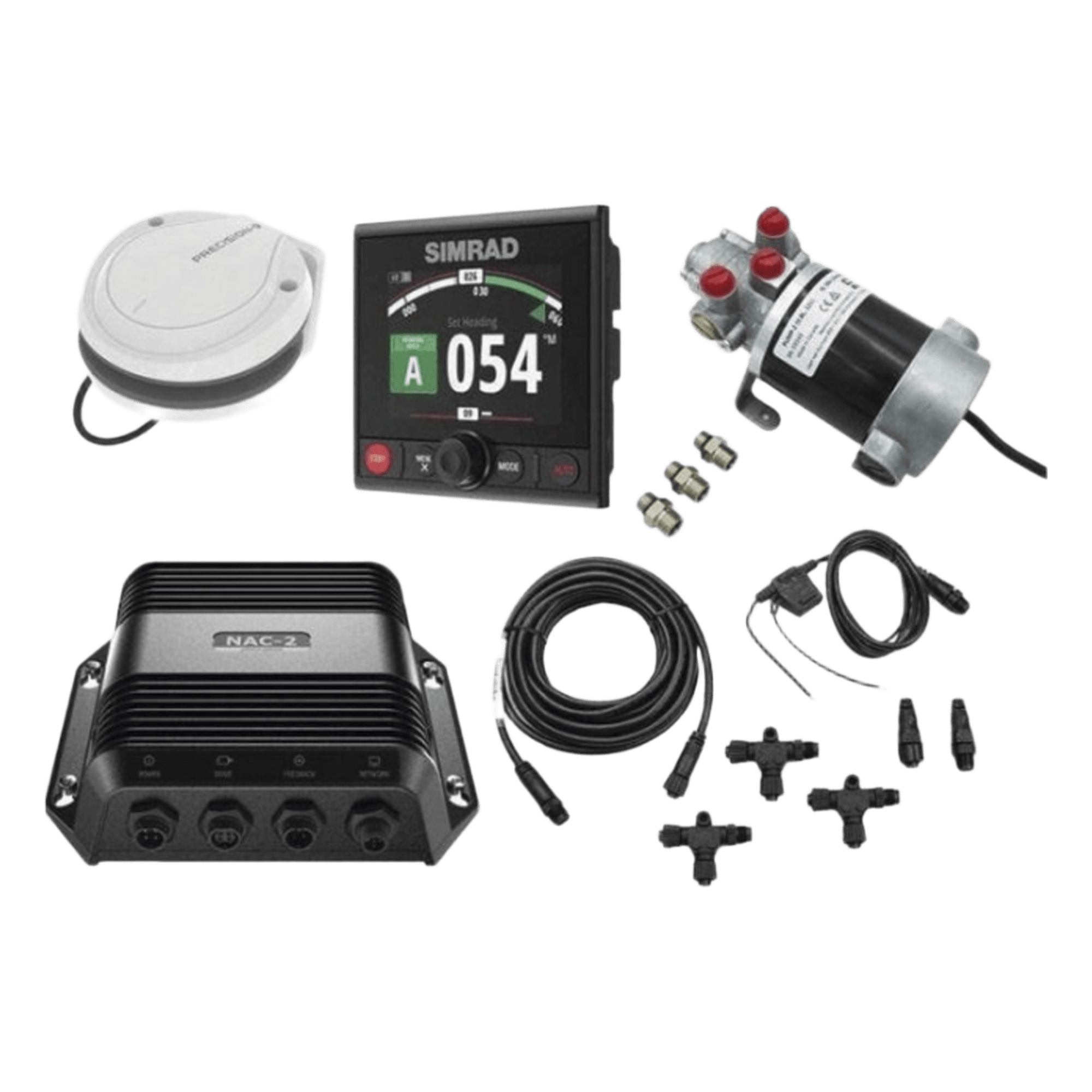 Piloto Automático Simrad para Embarcaciones Fueraborda y Dentrofueraborda / Paquete Completo / Controlador AP44 con Pantalla a Color 4.1 Pulgadas / Bomba Hidráulica RPU-80 / Brújula Precision-9 / Compatible con NMEA 2000® / Virtua — SIMRAD · SKU 000-13291-002