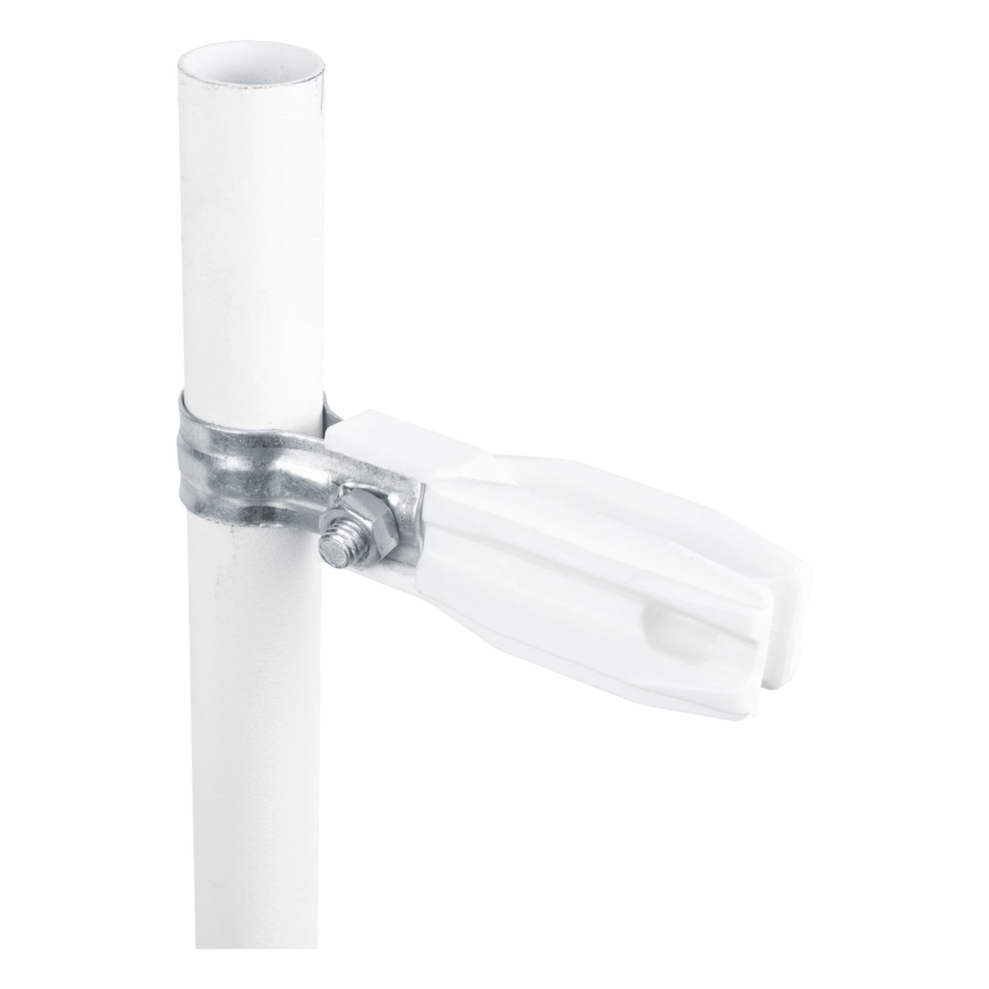 Aislador de Paso o Esquina Blanco con Abrazadera / 33-38 mm / Resina Virgen 100% / Anti-Arqueo / Tubería de Malla Ciclónica — SFIRE · SKU SFABRAZADERAW