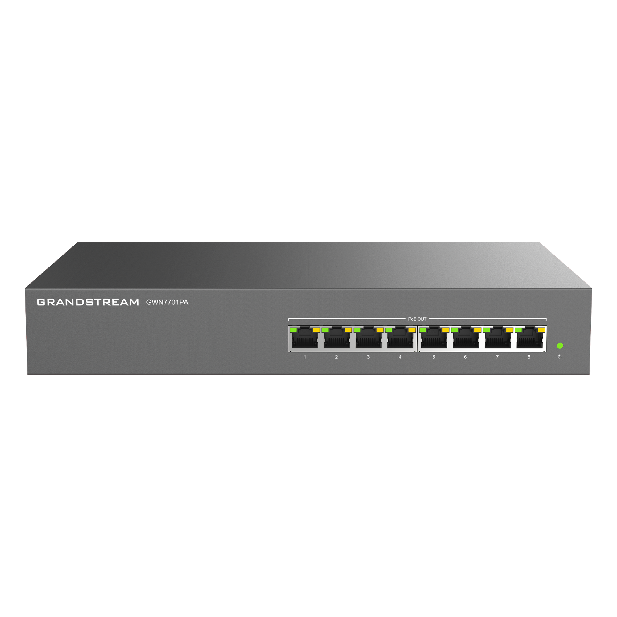 Switch PoE+ Gigabit No Administrable / 8 puertos 10/100/1000 Mbps / 8 puertos PoE+ / 145W / 16 Gbps / 9KB Jumbo Frame — GRANDSTREAM · SKU GWN7701PA