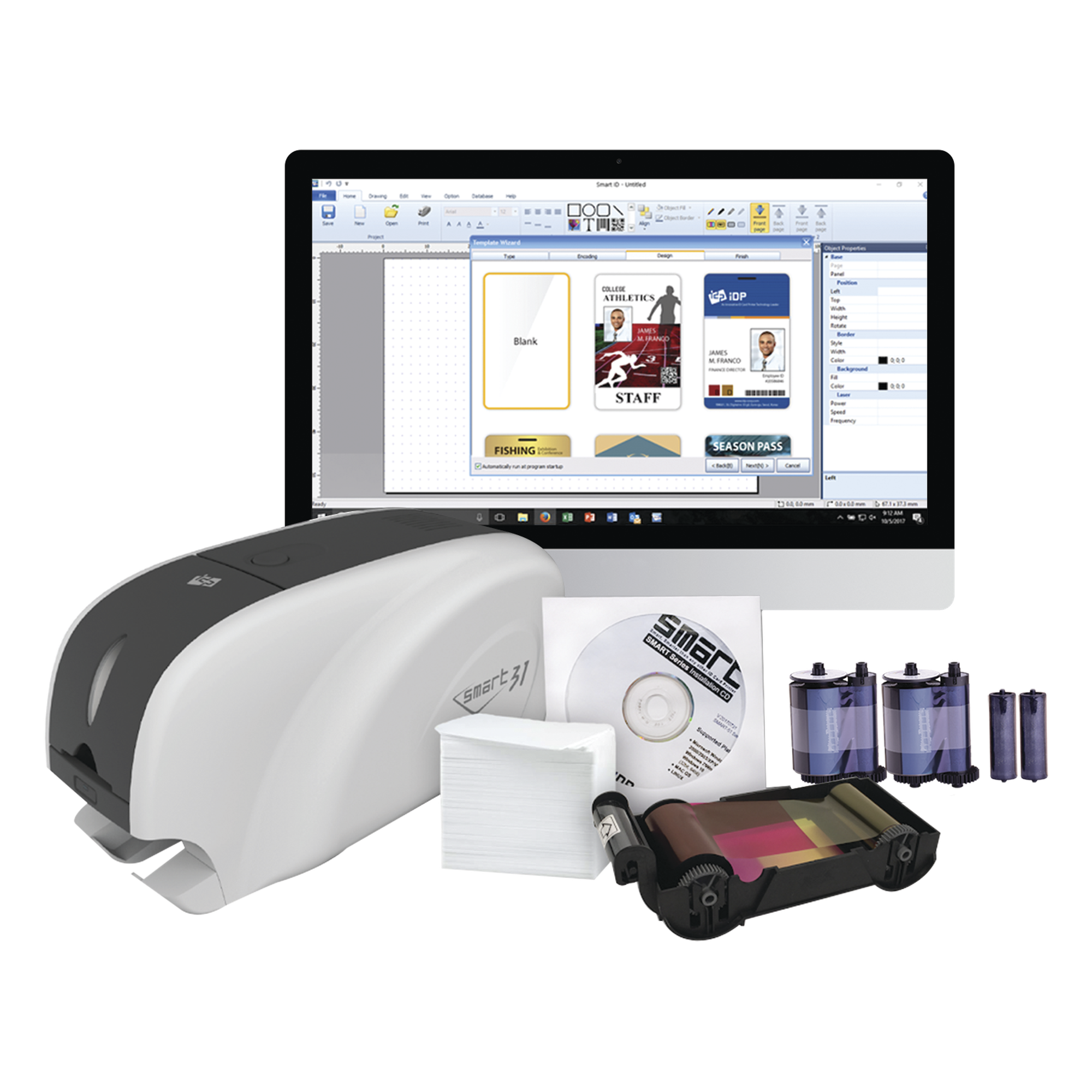 Kit Impresora tarjetas PVC /Doble Cara /incluye: 2 x Ribbon, 100 Tarjetas PVC, Software, Kit Limpieza — IDP · SKU SMART31DK