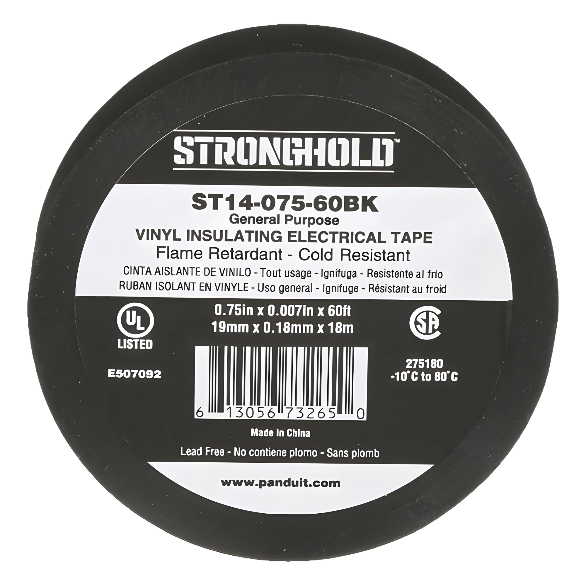 Cinta Eléctrica STRONGHOLD para Aislar, de PVC, Uso General Reparación y Mantenimiento, Grosor de 0.18mm (7 mil), Ancho de 19mm, y 18m de Largo, Color Negro — PANDUIT · SKU ST14-075-60BK