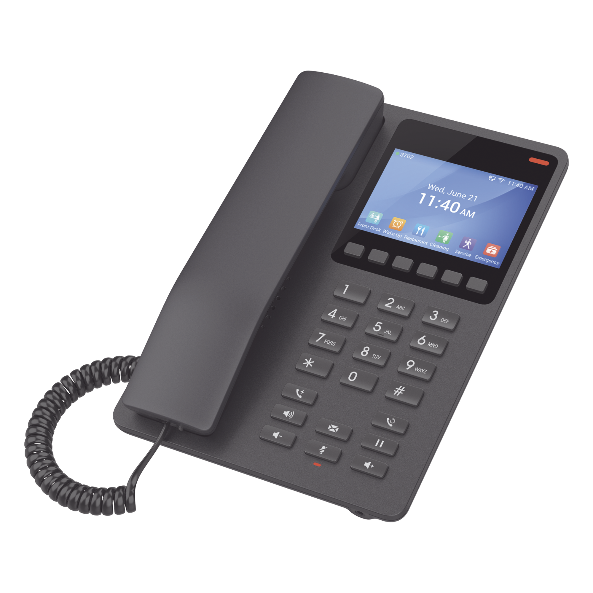 Teléfono IP WiFi Hotelero con pantalla LCD a color, 2 líneas SIP con 2 cuentas, codec Opus, IPV4/IPV6, color negro, con gestión en la nube GDMS — GRANDSTREAM · SKU GHP631W