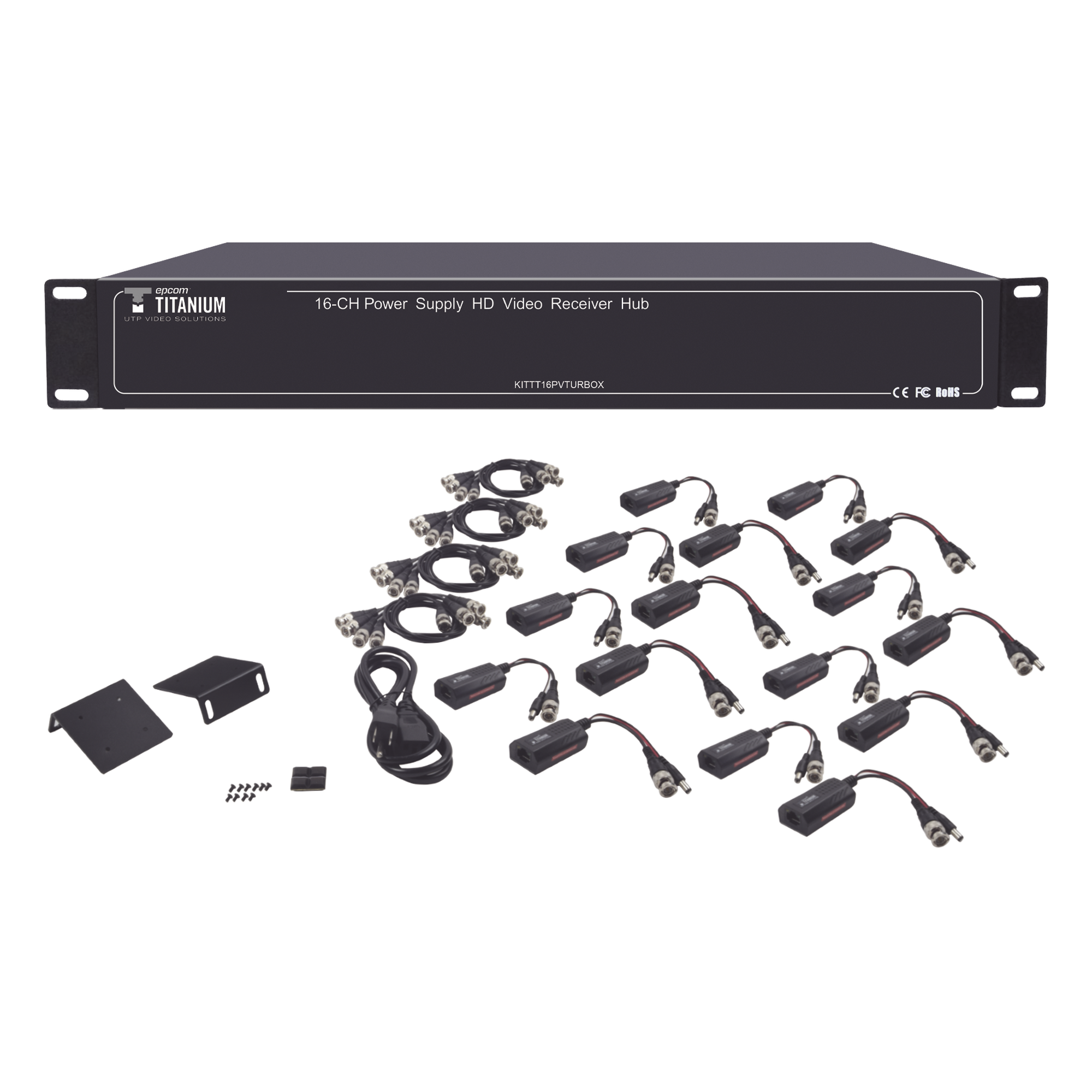 Kit de TRANSCEPTOR ACTIVO DE 16 Canales / VIDEO+PODER en un solo Cable UTP / 150m en 4K, 200m en 5 MP/ Envía 36 Vcc y recibe 12 Vcc / TODO INCLUIDO PARA RACK / Compatible con cámaras HD-TVI/CVI/AHD/CVBS / Instalación Limpia — EPCOM TITANIUM · SKU KITTT16PVTURBOX
