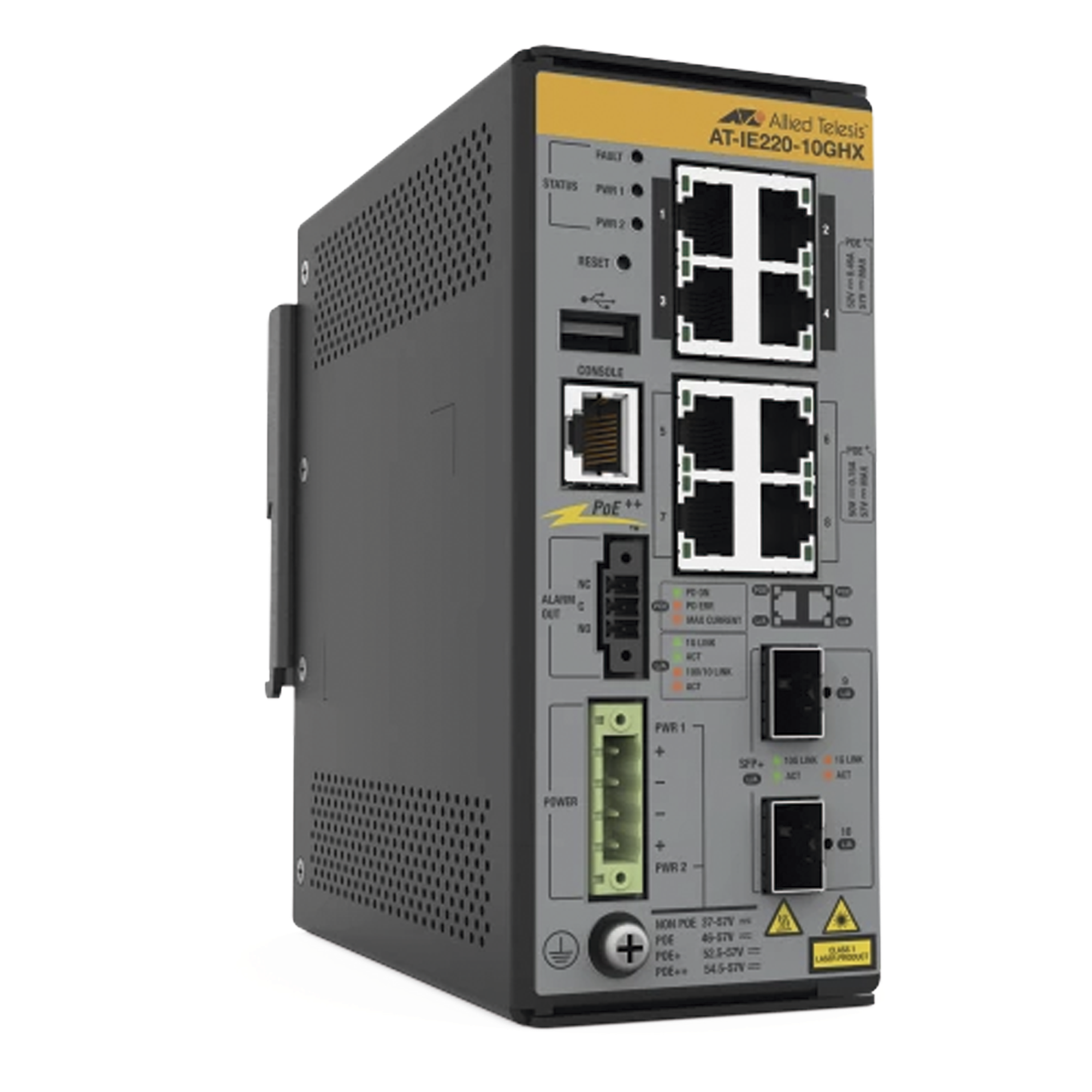 8x 10/100/1000T, 2x 1G/10G SFP+, Industrial Ethernet, Layer 2+ Switch, PoE++ (TAA) — ALLIED TELESIS · SKU AT-IE220-10GHX-980
