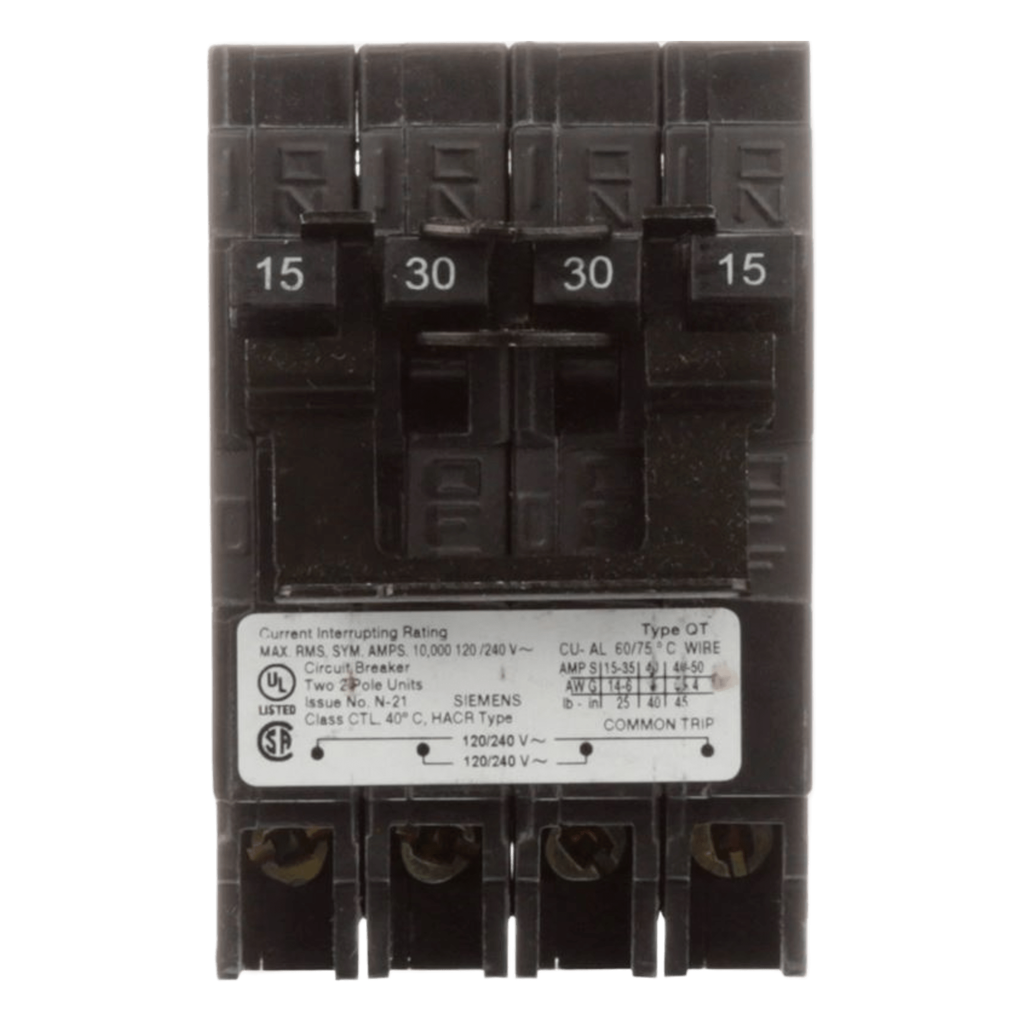 Interruptor Automático Cuádruple Enchufable / 2 Polos Dobles / 20-20 A / 120/240 VCA / 10 kA