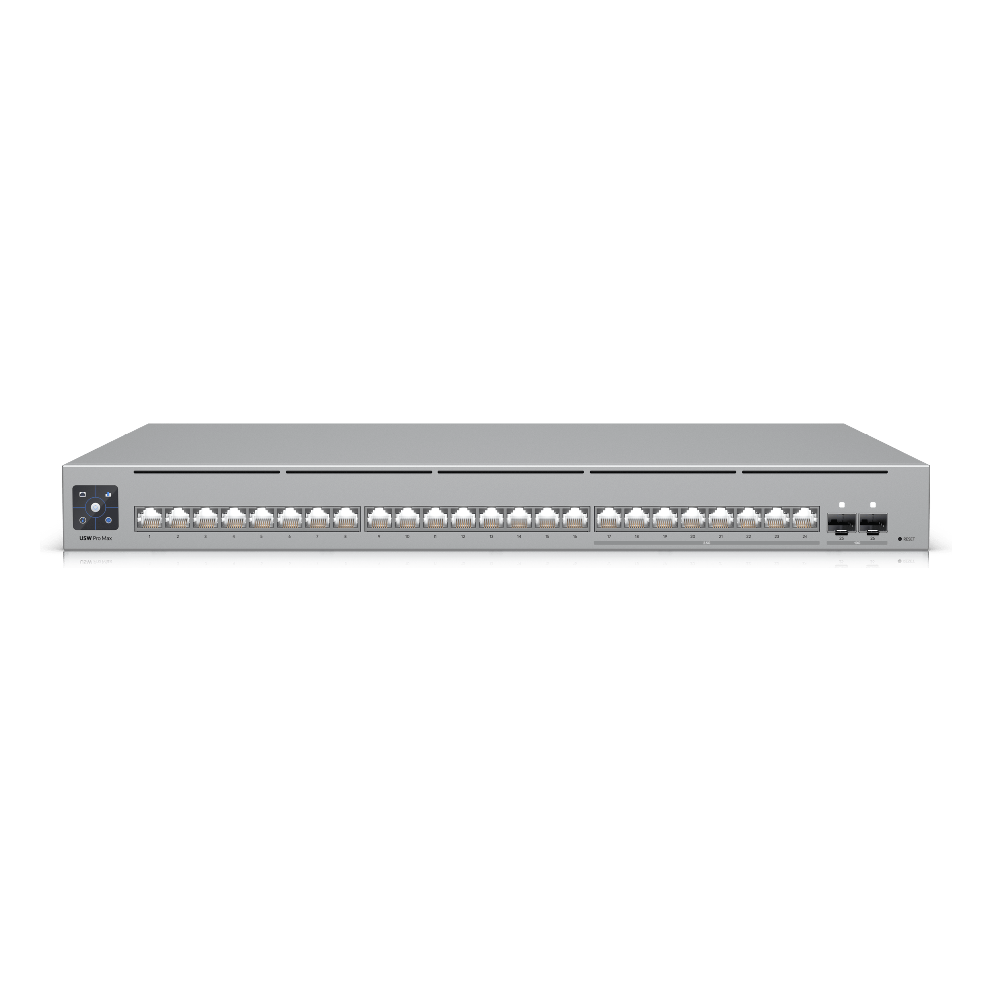 UniFi Switch Pro Max 24 – Switch Capa 3 con 24 Puertos (8 × 2.5 GbE y 16 × 1 GbE), 2 Puertos SFP+ 10G y Pantalla Informativa Integrada — UBIQUITI · SKU USW-PRO-MAX-24