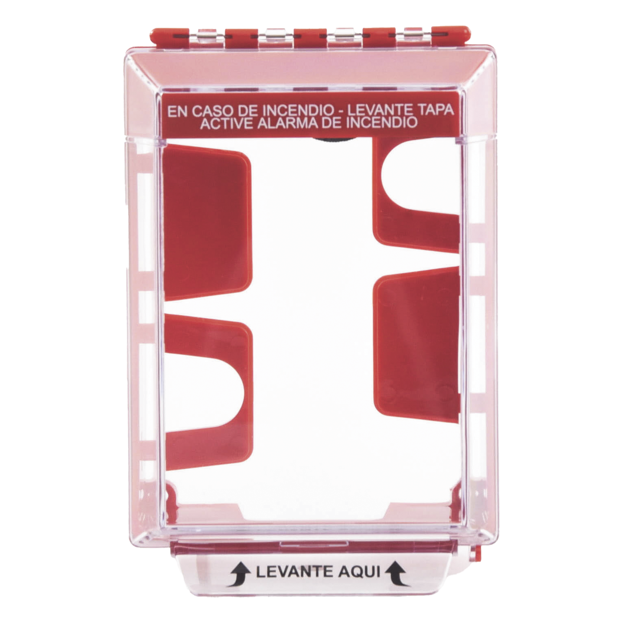 Cubierta Universal Transparente, de Bajo Perfil, con Espaciador, Texto de Incendio en Español, Notificación Audible y Visible — STI · SKU STI-14220FR-ES