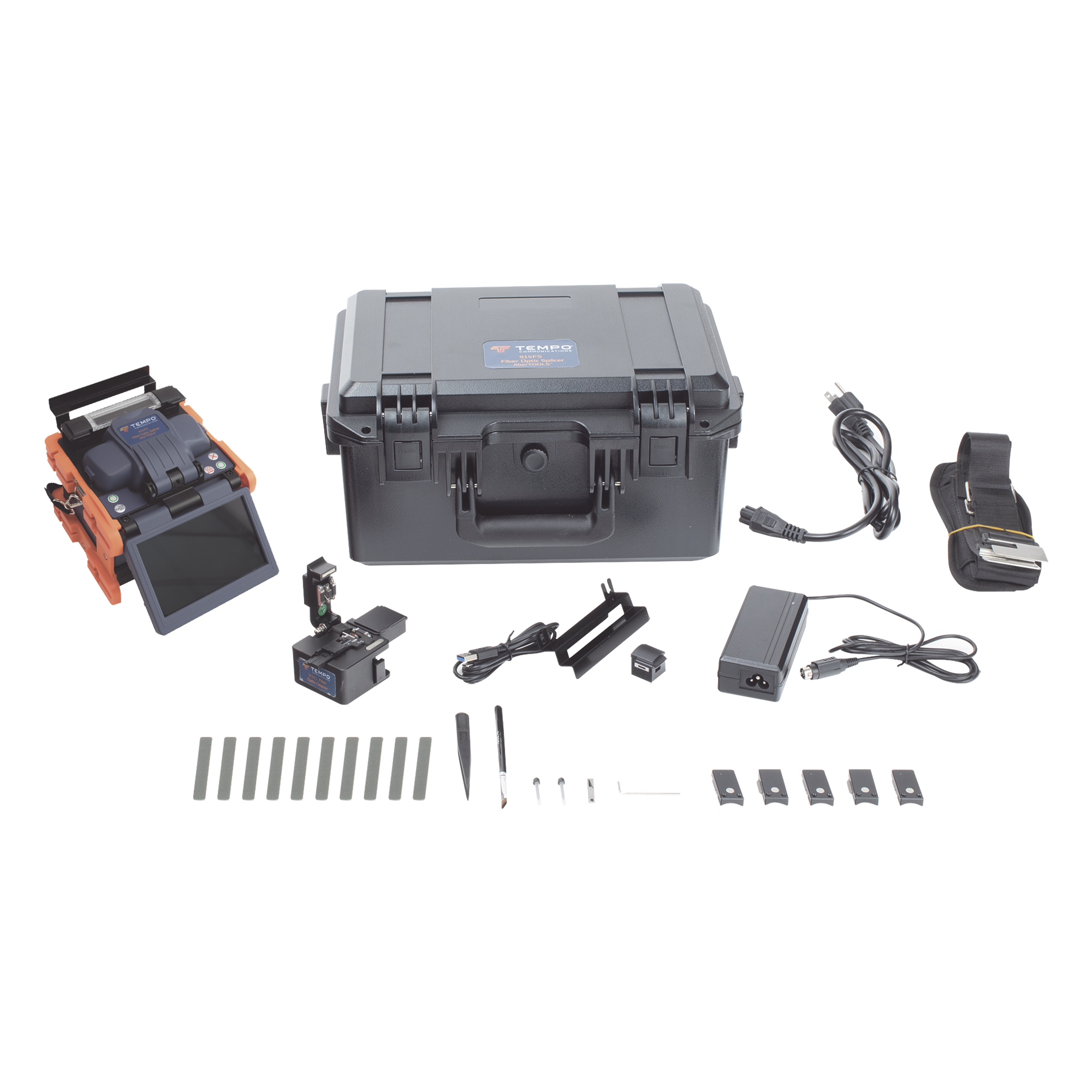 Fusionadora de Fibra Óptica de Alineación Activa por Revestimiento con 4 Motores con Pérdida Típica (SM); 0.02 dB (MM); 0.04 dB) con Pantalla Touch / Capacitación Básica Virtual Gratuita — TEMPO · SKU 915FS-KIT1