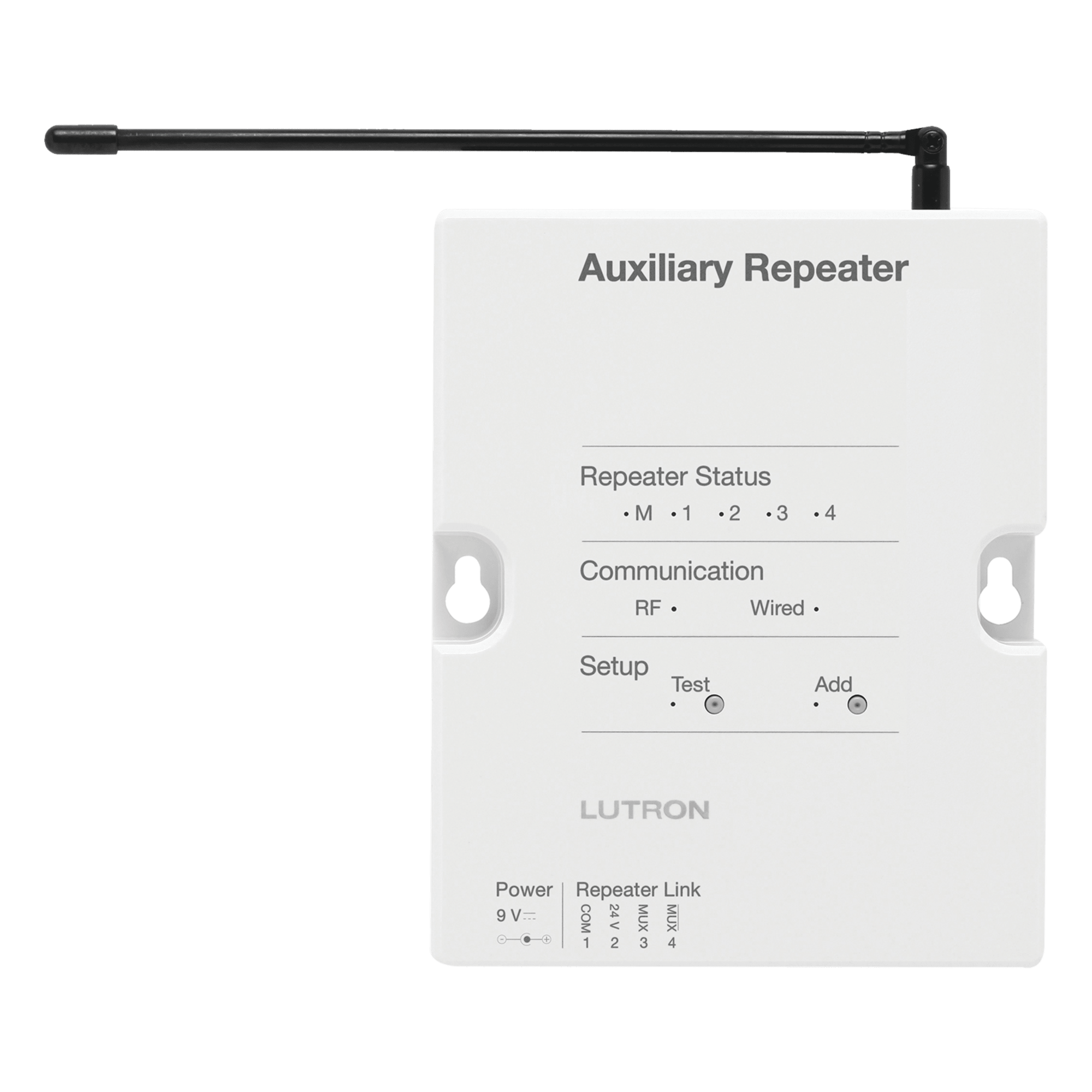 Repetidor auxiliar para ampliar el alcance de radiofrecuencia del sistema RadioRA 2 en aplicaciones grandes, exteriores y entre edificios, inalámbrico o con enlace RS485 — LUTRON ELECTRONICS · SKU RRAUXREP