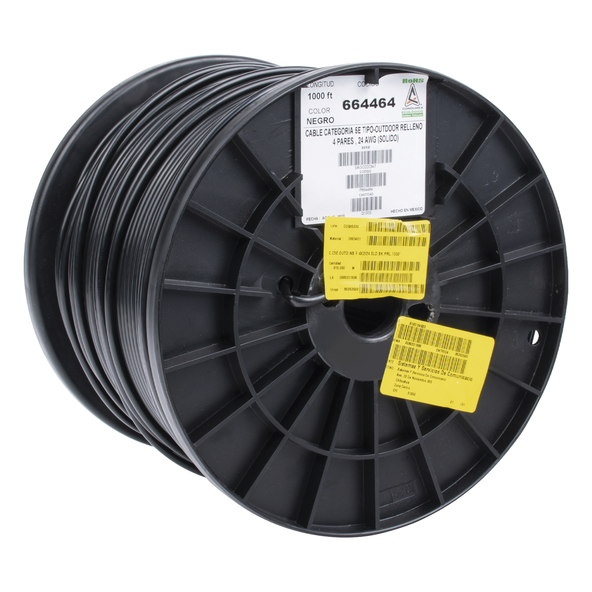 Bobina de 305 Metros (1000 Pies) Cat5e con Gel para Exterior, Color Negro, para Aplicaciones en Sistemas de Redes de Datos y Cableado Estructurado. Uso Intemperie.