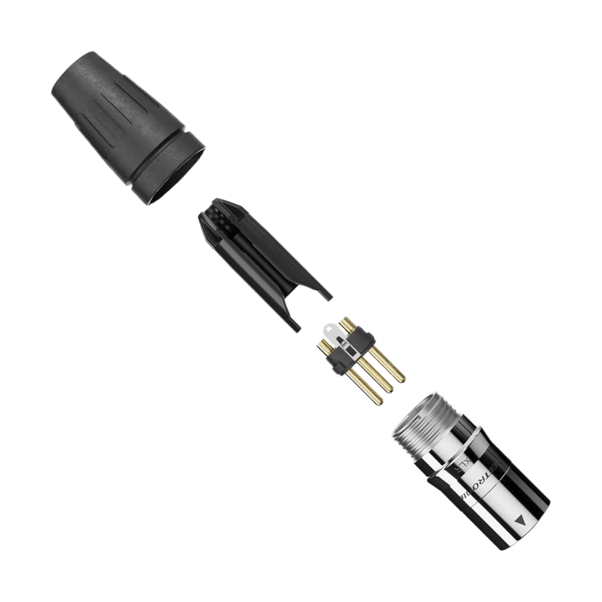 CONECTOR MACHO XLR DE 3 NÚCLEOS CON CARCASA DE ACERO INOXIDABLE Y CONTACTOS CHAPADOS EN ORO
