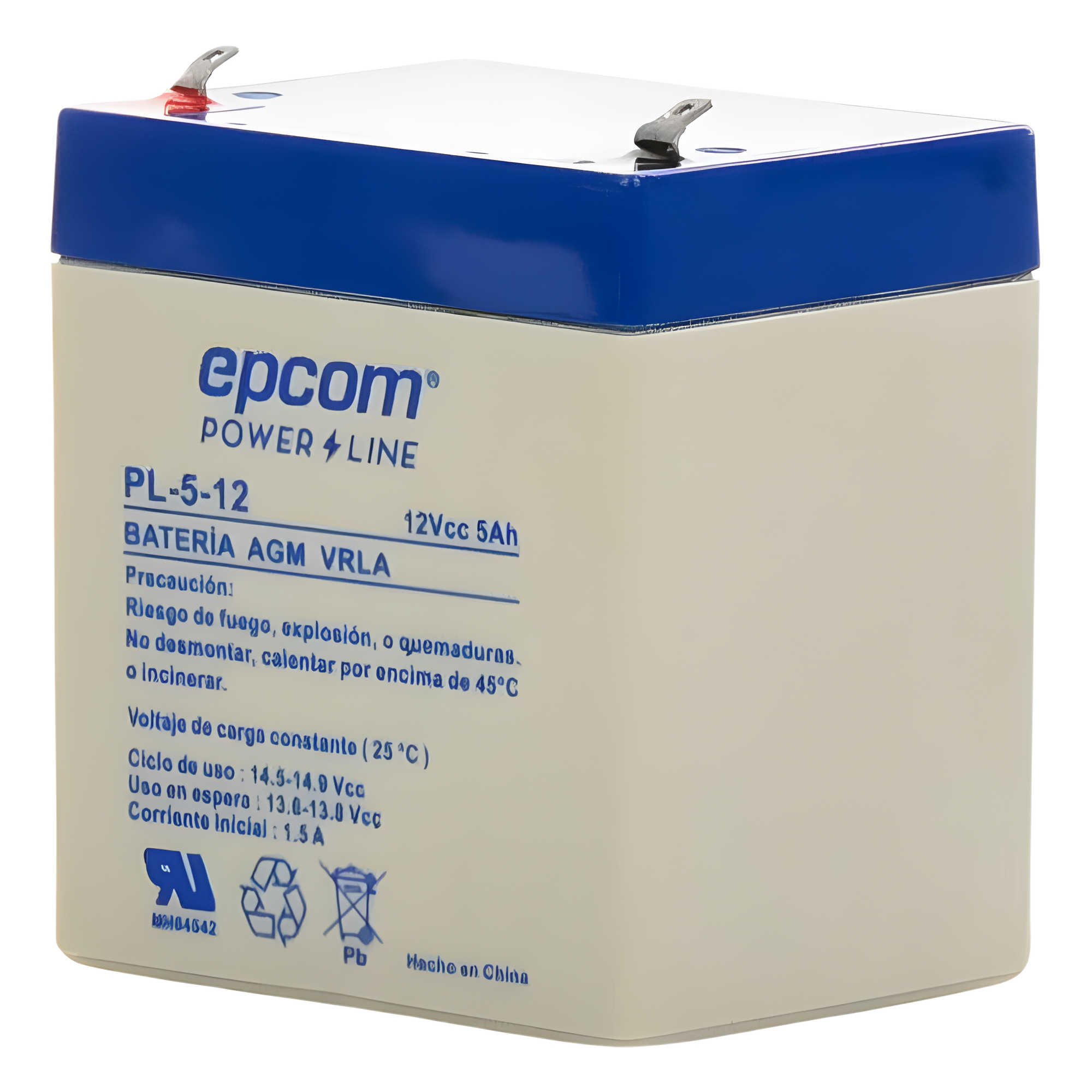 Batería 12 Vcc / 5 Ah / UL / Tecnología AGM-VRLA / Para uso en equipo electrónico Alarmas de intrusión / Incendio/ Control de acceso / Video Vigilancia / Terminales F1 / Cargador recomendado CHR-80.