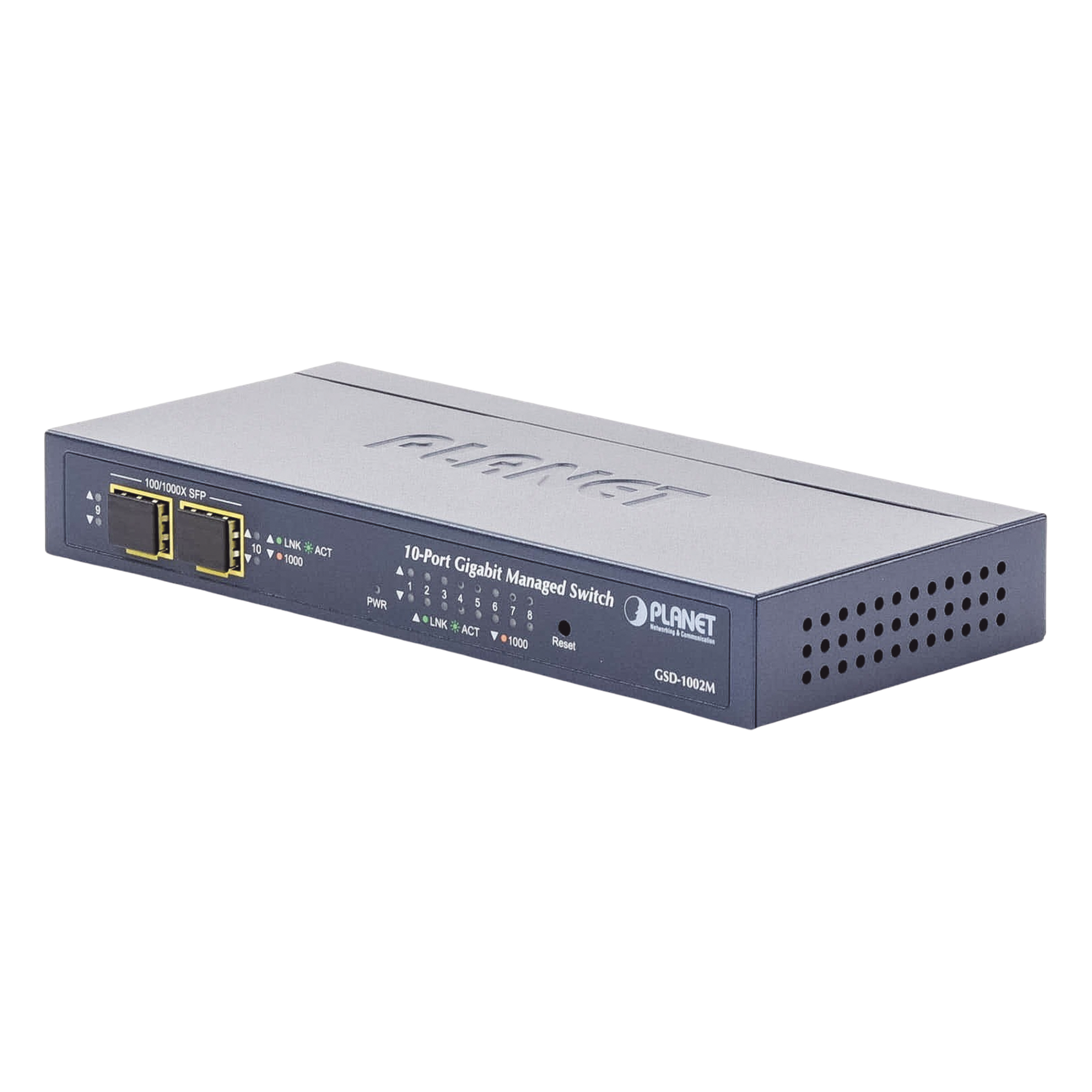 Switch Administrable de Escritorio de 8 Puertos Gigabit/ 2 Puertos SFP / 20 Gbps Switching / PoE In 802.3af/at / Dual Power DC + PoE / VLAN Q-in-Q / IPv6/IPv4/  Administración Remota con CloudNMS — PLANET · SKU GSD-1002M