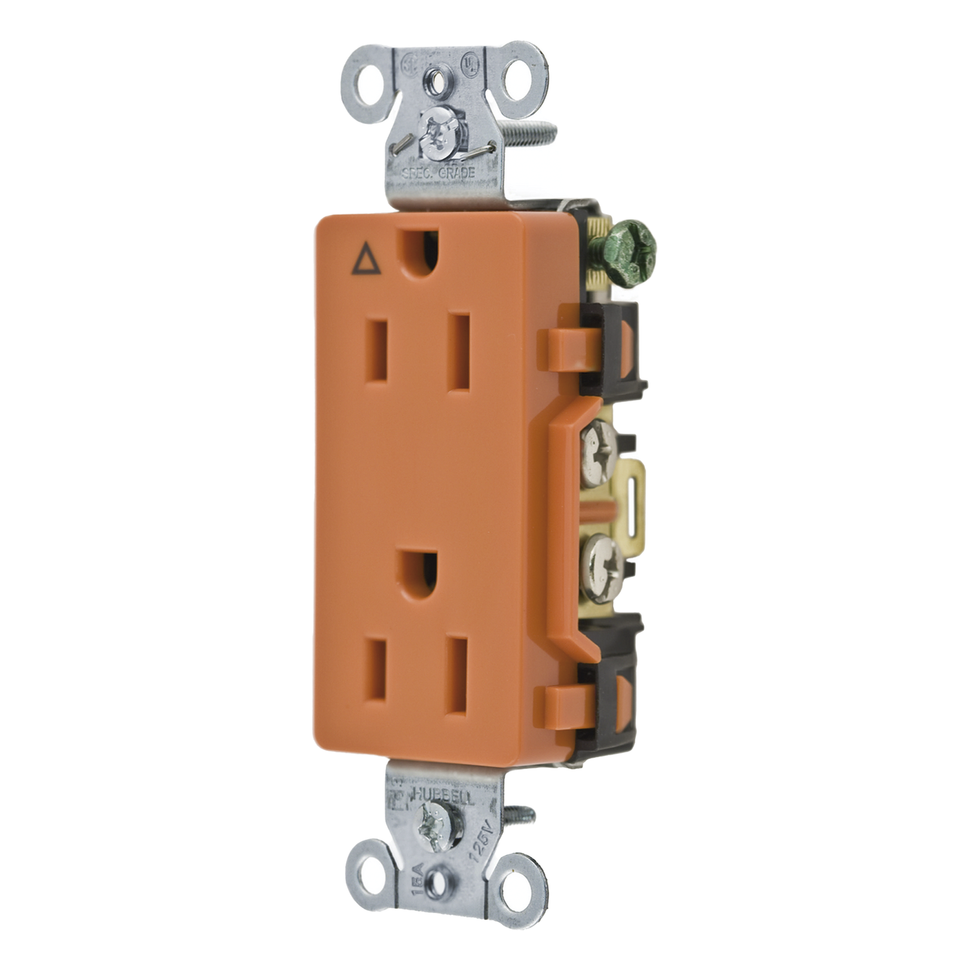 Contacto Dúplex Conexión a Tierra Aislada/ 15A 125V/ 2 polos 3 Hilos/ Nema 5-15R /Grado Comercial Decorativo/ Color Naranja. — HUBBELL · SKU HUB-IG15DR