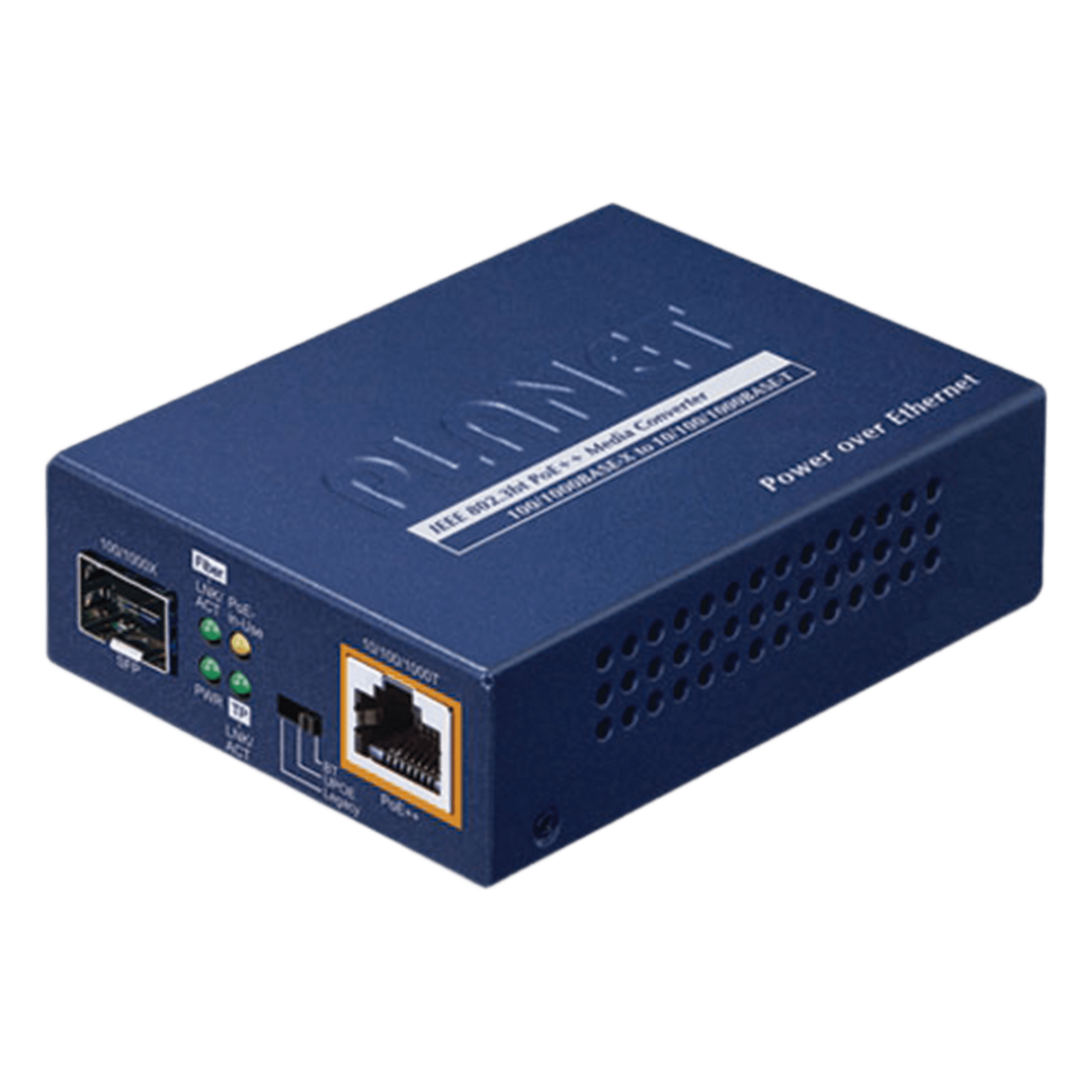 Convertidor de Medios PoE, 1 Puerto RJ45 Gigabit con Salida PoE 802.3af/at/bt (Hasta 60 W)/ 1 Puerto SFP 100/1000BASE-X — PLANET · SKU GUP-805A-60W