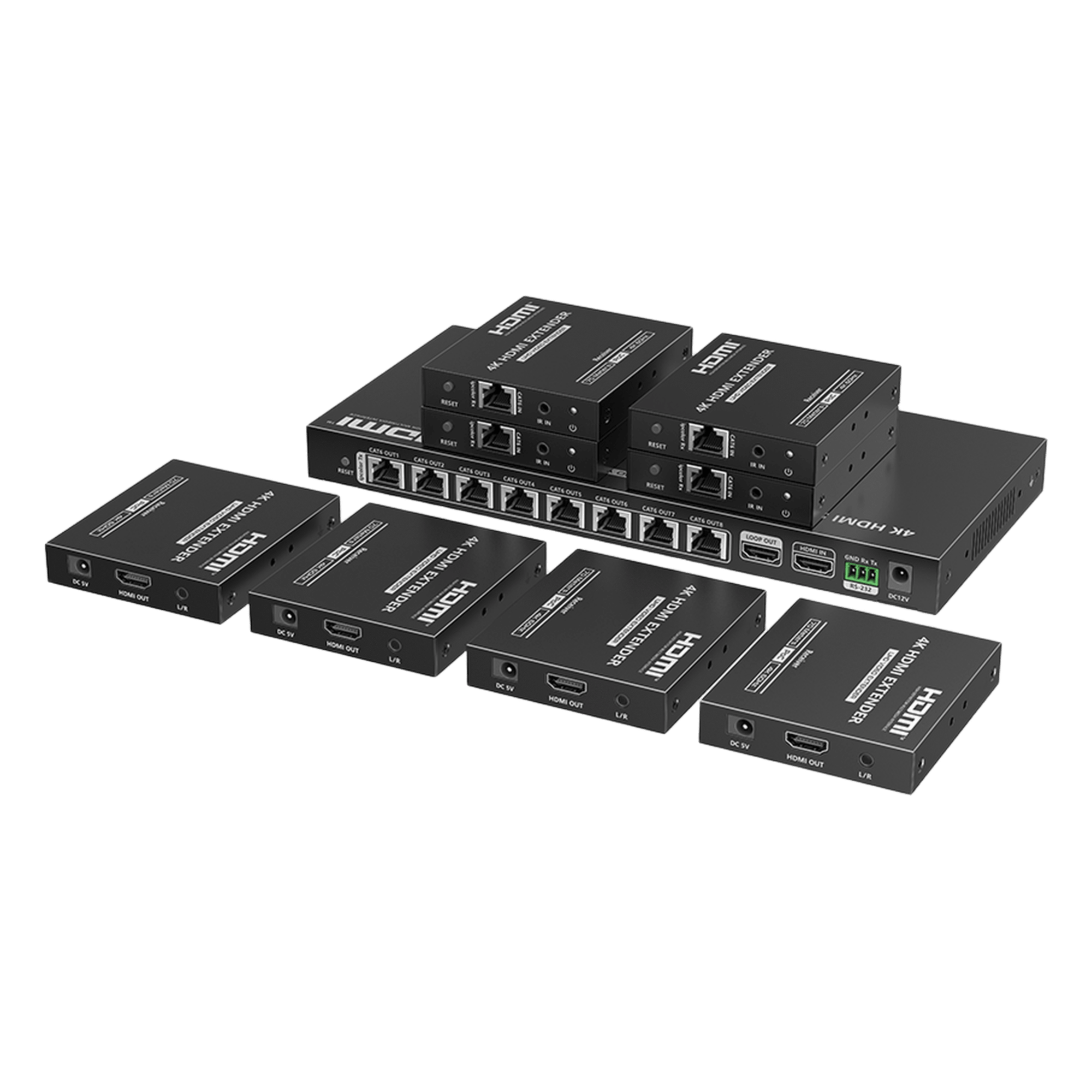 Kit Divisor y Extensor HDMI | 1x8 | Hasta 70 m |Resolución 4K @ 60 Hz | Cat 6/6a/7 | IPCOLOR | CERO LATENCIA | Puerto S/PDIF | EDID | RS232 | Salida Loop / PoC — EPCOM TITANIUM · SKU TT-828N