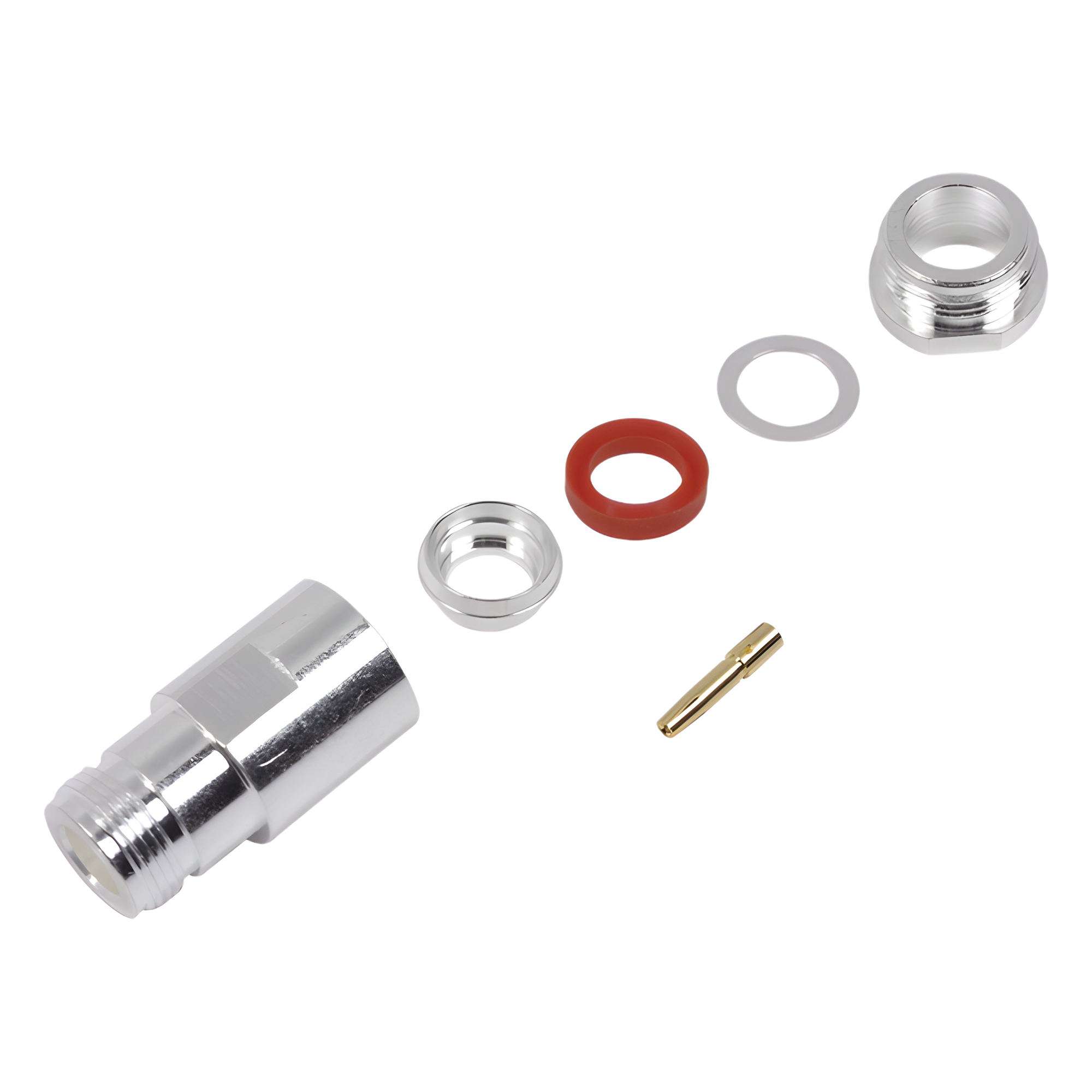 Conector N Hembra de Rosca para LMR-400, 9913, 7810A, 8214, CNT-400, RG8/U-SYS, R-FLASH-1113, Plata/ Oro/ Teflón. — RF INDUSTRIES,LTD · SKU RFN-1024-1SI