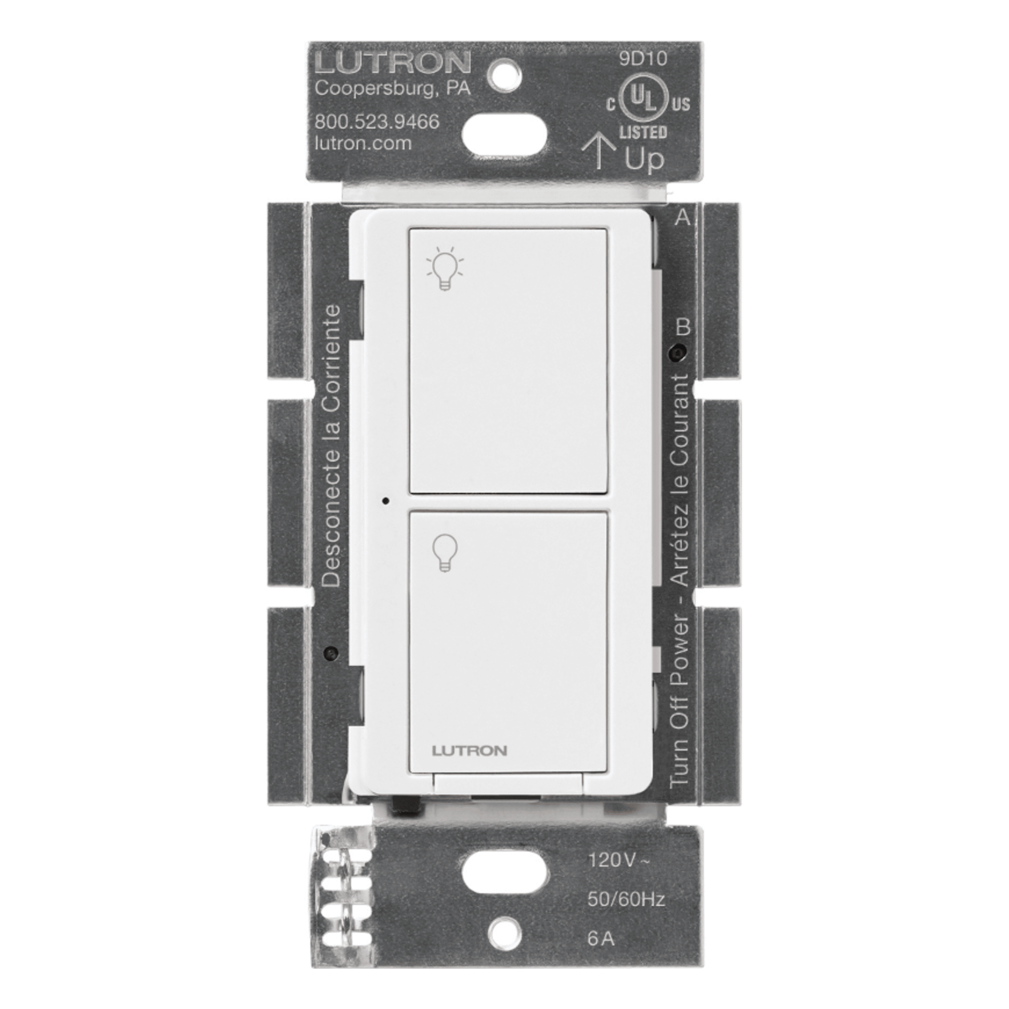 Interruptor on/off inalámbrico de pared para iluminación y ventiladores, 120 V, requiere neutro, control con Pico o desde la app con Smart Bridge, Caseta Wireless — LUTRON CASETA WIRELESS · SKU PD6ANSWH