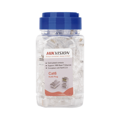 Bote con 100 Piezas de Plug Modular RJ45 / Cat 6 / Chapado en Oro a 15 Micras / Sin Blindaje / Facil Instalación / Uso Interior / Soporta Norma TIA-568B / Cumple con RoHS 2.0 — HIKVISION · SKU DS-1M6UA-15U