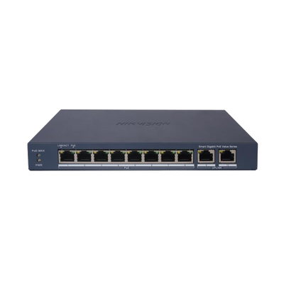 Switch Gigabit PoE+ / Administrable / 8 Puertos 1000 Mbps PoE+ / 2 Puertos 1000 Mbps de Uplink / Configuración Nube Hik-PartnerPro / Modo Extendido hasta 300 Metros / 60 W  — HIKVISION · SKU DS-3E1510P-EI/M
