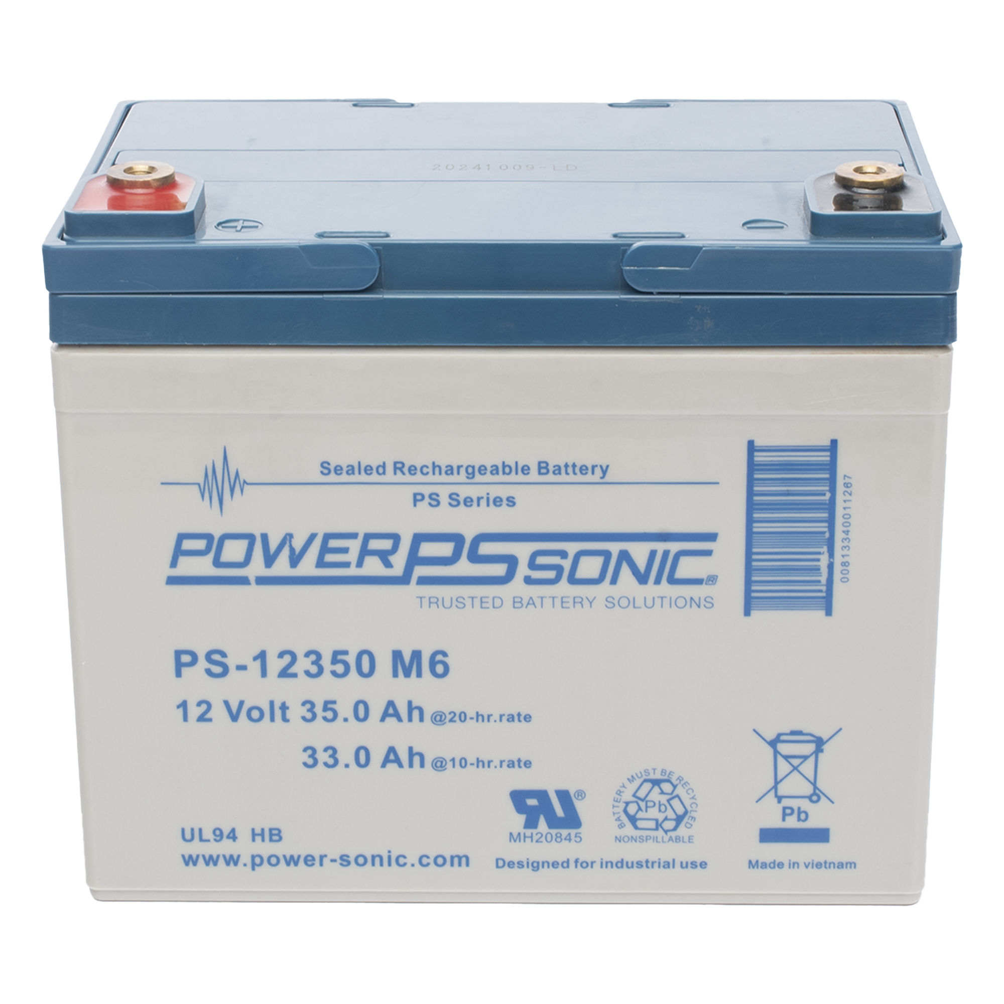 Batería de Respaldo AGM/VRLA / 12V 35Ah / Terminales M6 / Vida Útil 5 Años / Certificación UL — POWER SONIC · SKU PS-12350-M6