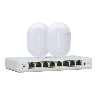 Kit de lanzamiento Alta Labs: Incluye 1 Switch PoE S8-POE / 2 Puntos de Acceso WiFi 6 AP6-PRO / Bloqueo de Contenido / Administración en la Nube/App Gratuita / Compatible con la plataforma Purple — ALTA LABS · SKU ALTA-S8-KIT