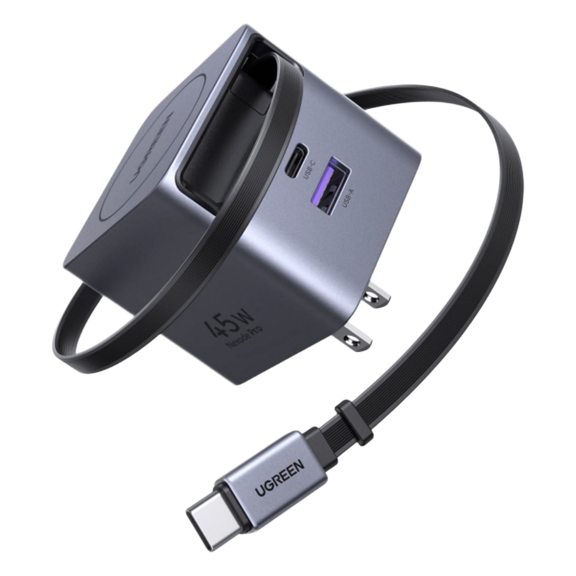 Cargador Rápido / 45W GaN / Cable Retráctil 0.7 m (2.3 ft) / 3 Puertos / Eficiencia 95% / Protección 8 Capas / 100-240V AC — UGREEN · SKU 65821